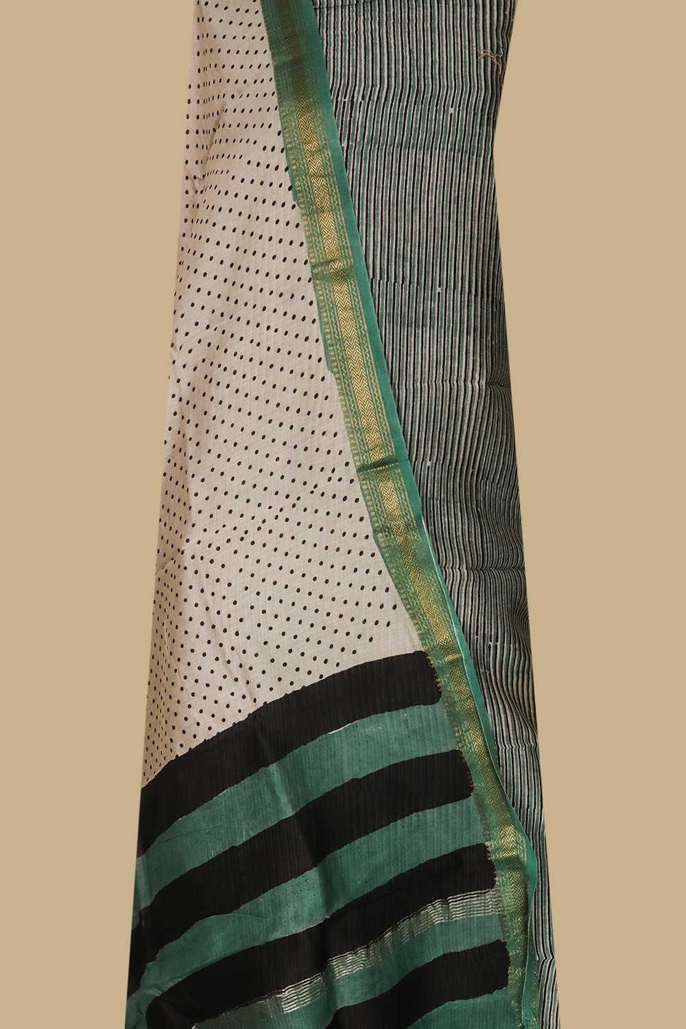 Green with Cream Maheshwari Silk Cotton Suit - Image 2