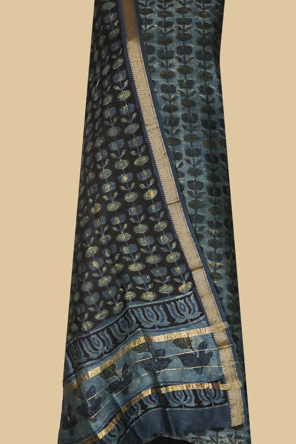 Faded Indigo with Florals Maheshwari Silk Cotton Suits
