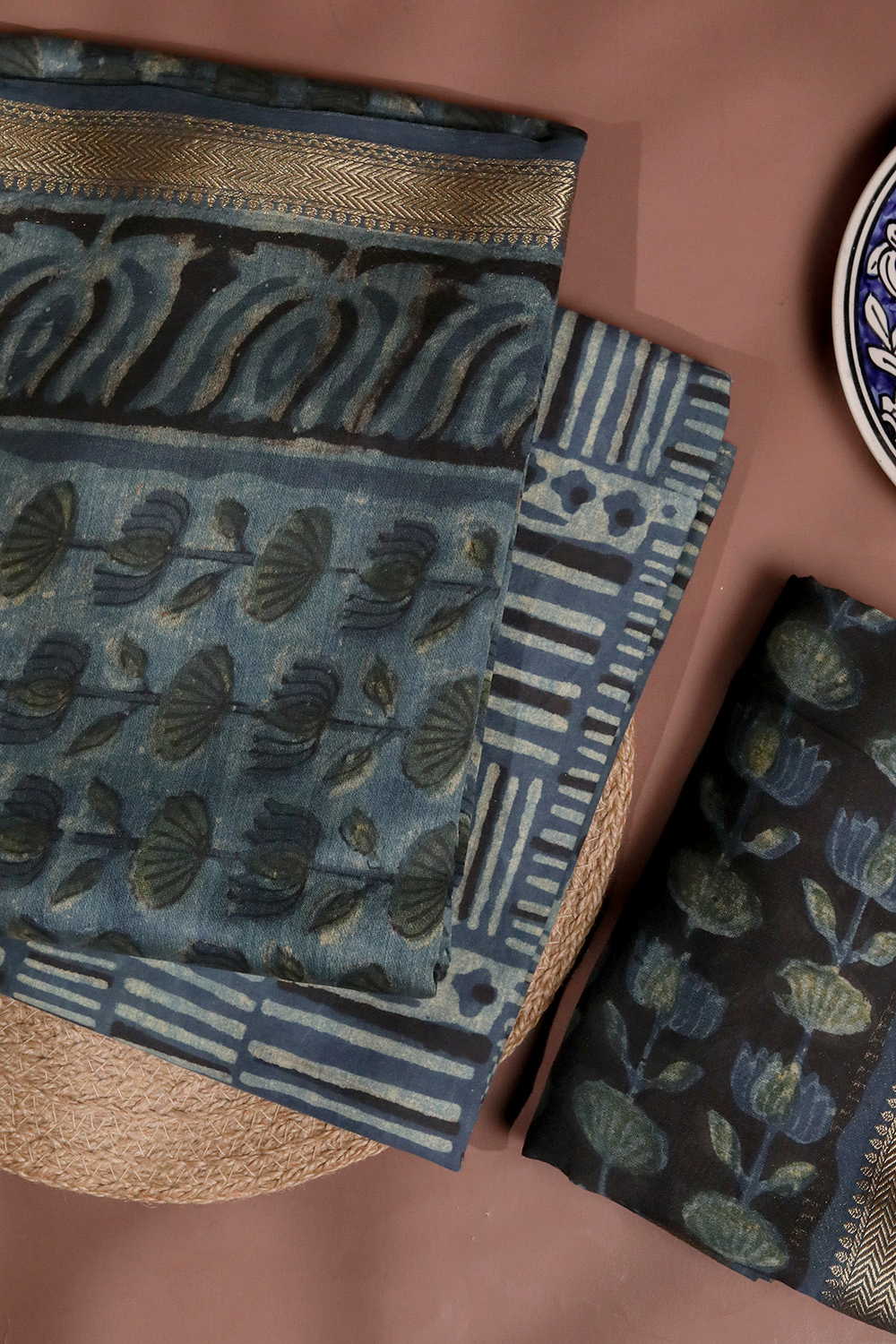 Faded Indigo with Florals Maheshwari Silk Cotton Suits - Image 2