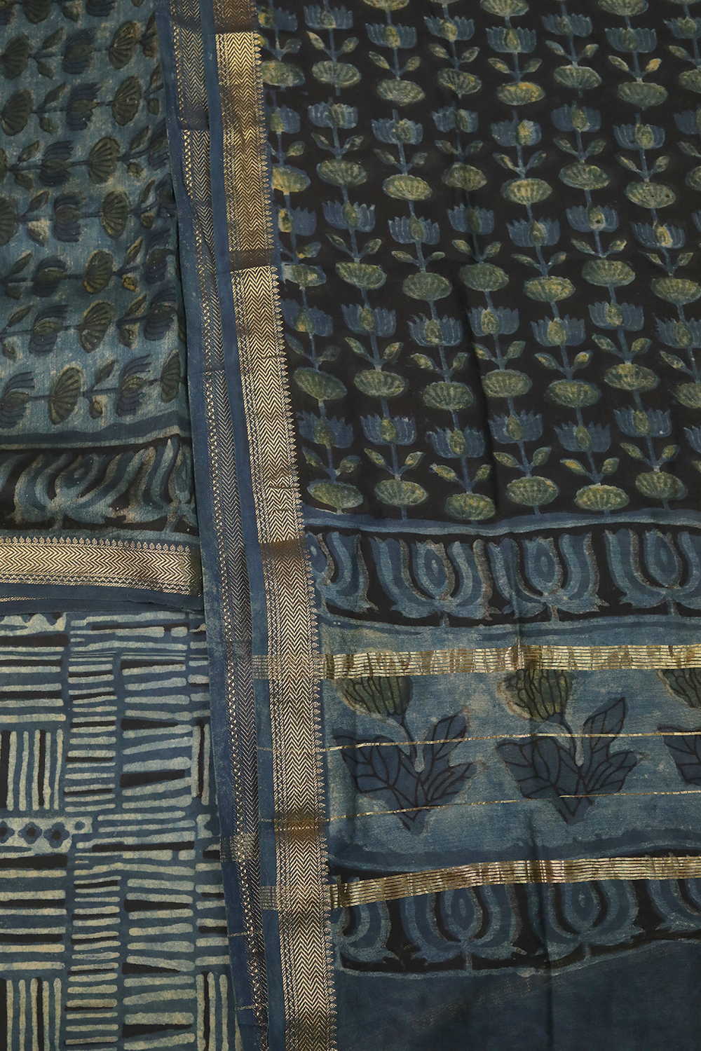 Faded Indigo with Florals Maheshwari Silk Cotton Suits - Image 3