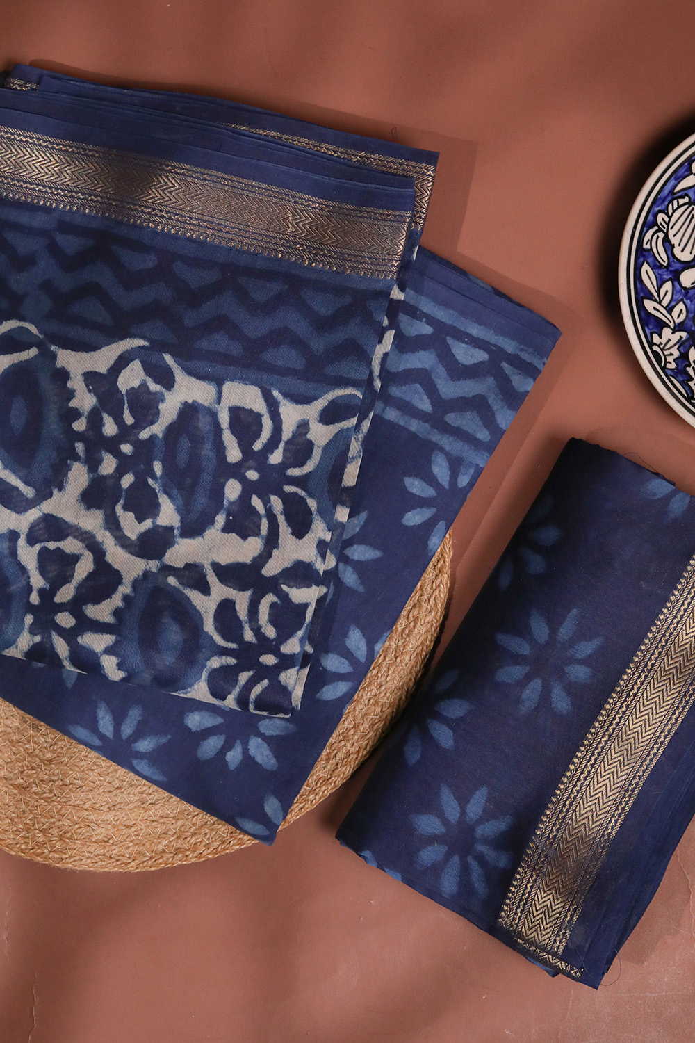 Indigo with Florals Maheshwari Silk Cotton Suit - Image 2