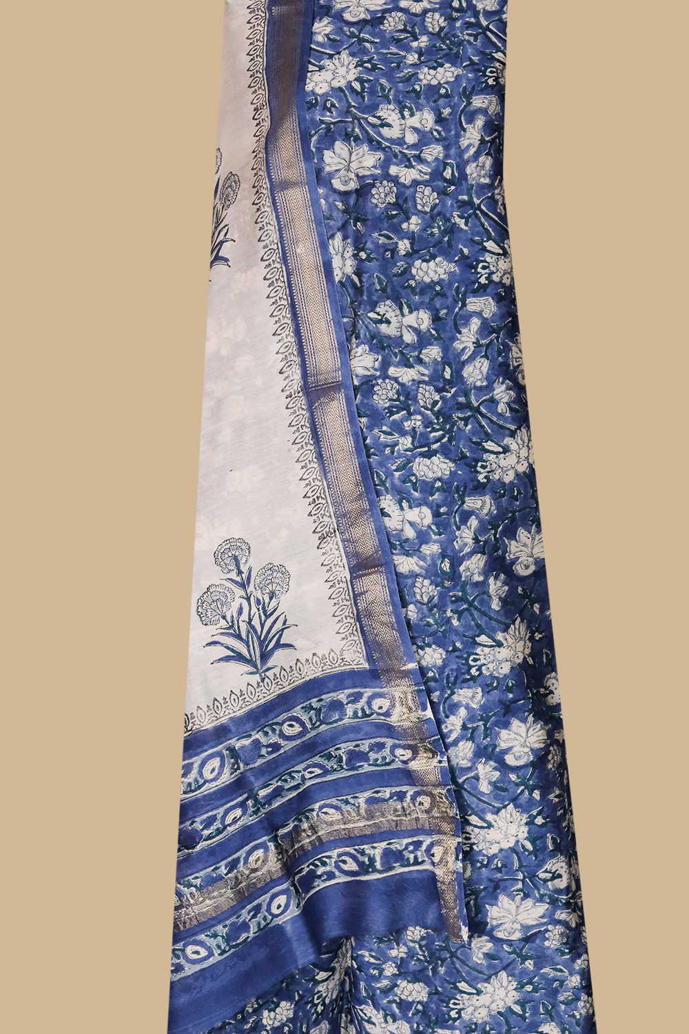 Dark Blue with Florals Maheshwari Silk Cotton Suit - Image 2