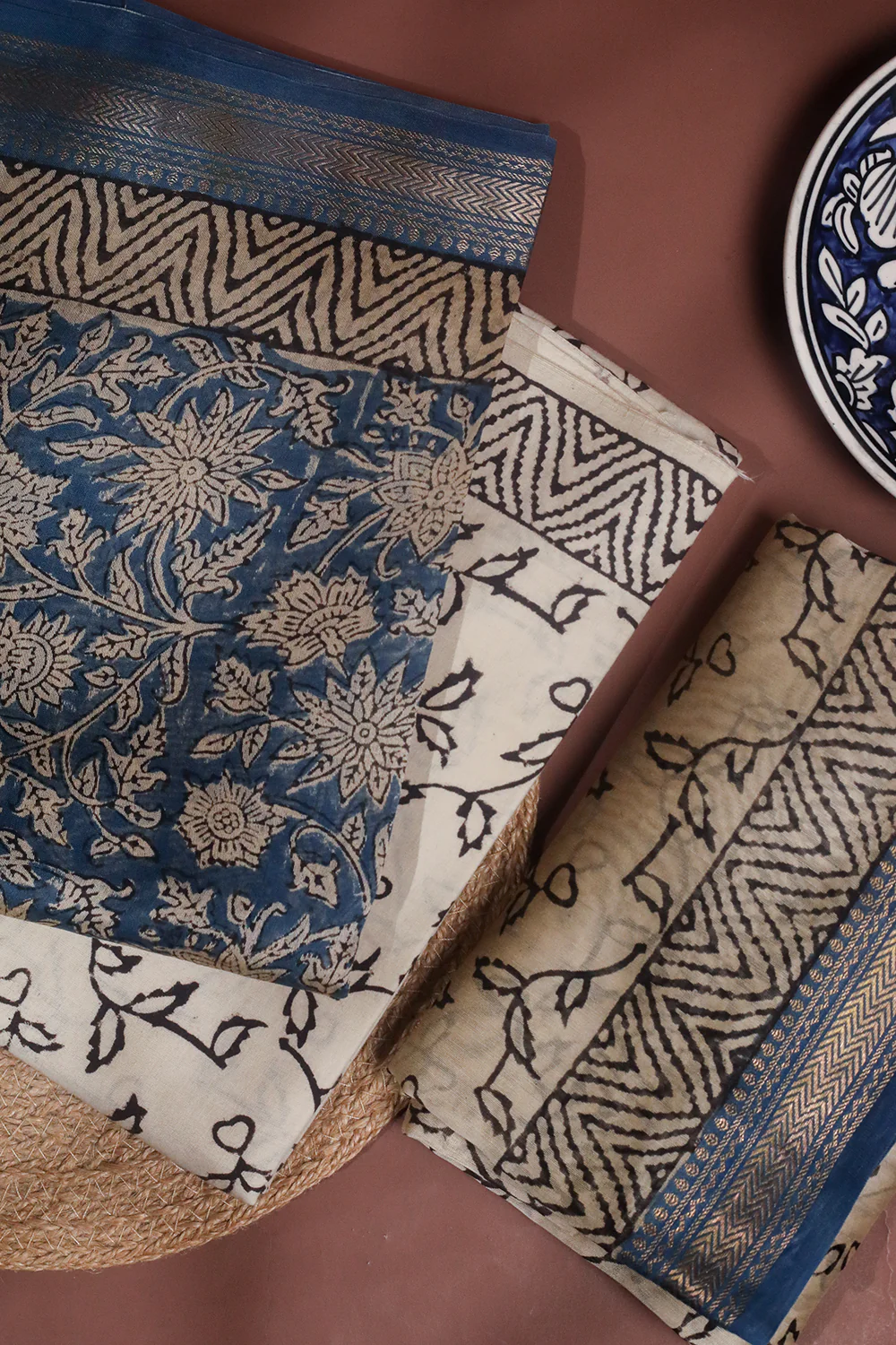 Florals on Blue Maheshwari Silk Cotton Suit - Image 2