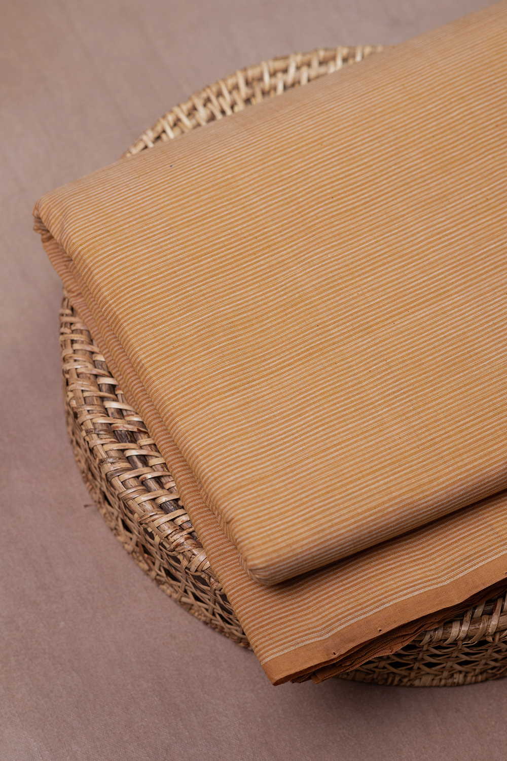 Stripes on Mustard Brown Mangalagiri Cotton Fabric - Image 2