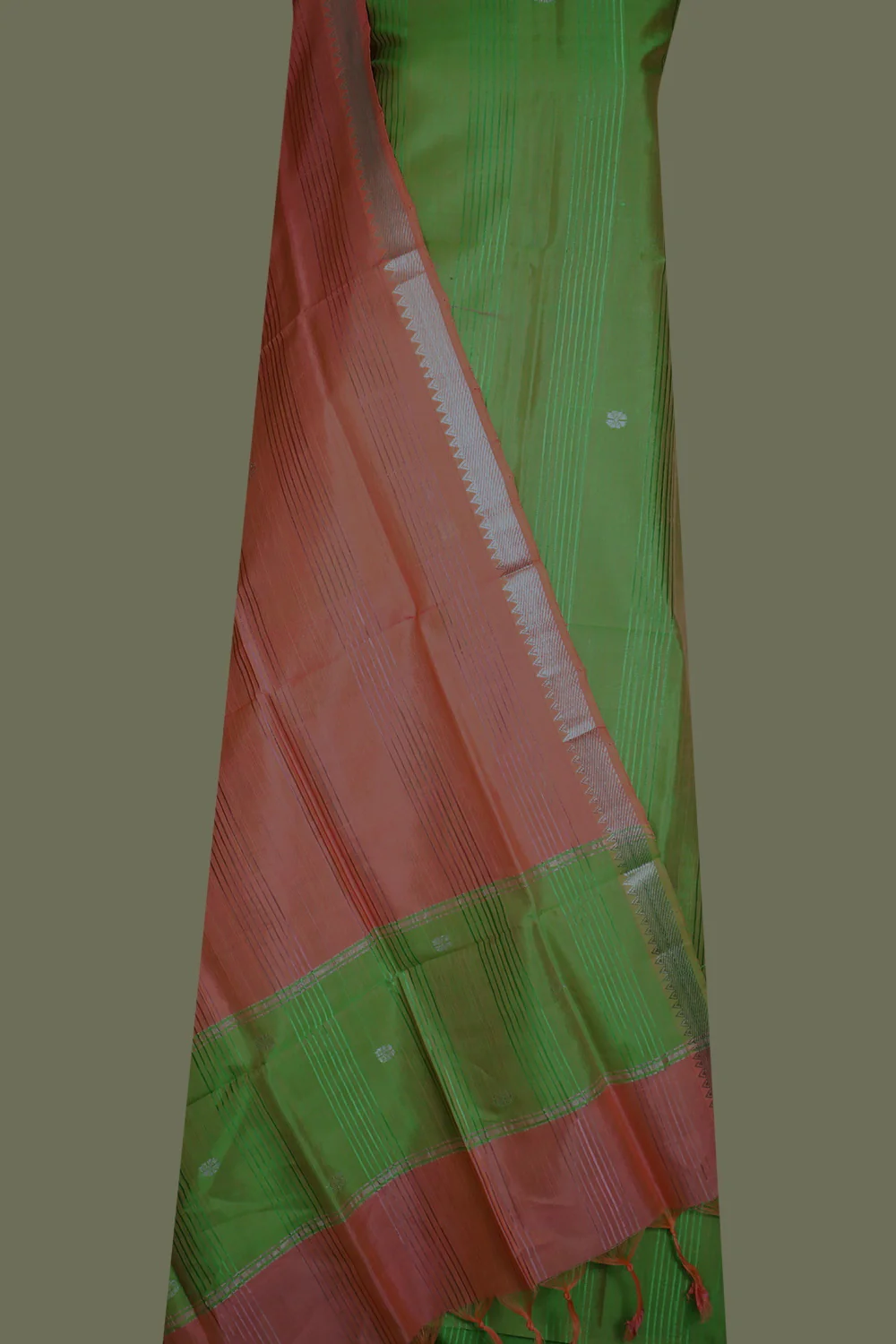 Light Green with Orange Mangalagiri Silk Cotton Full Suit - Image 3