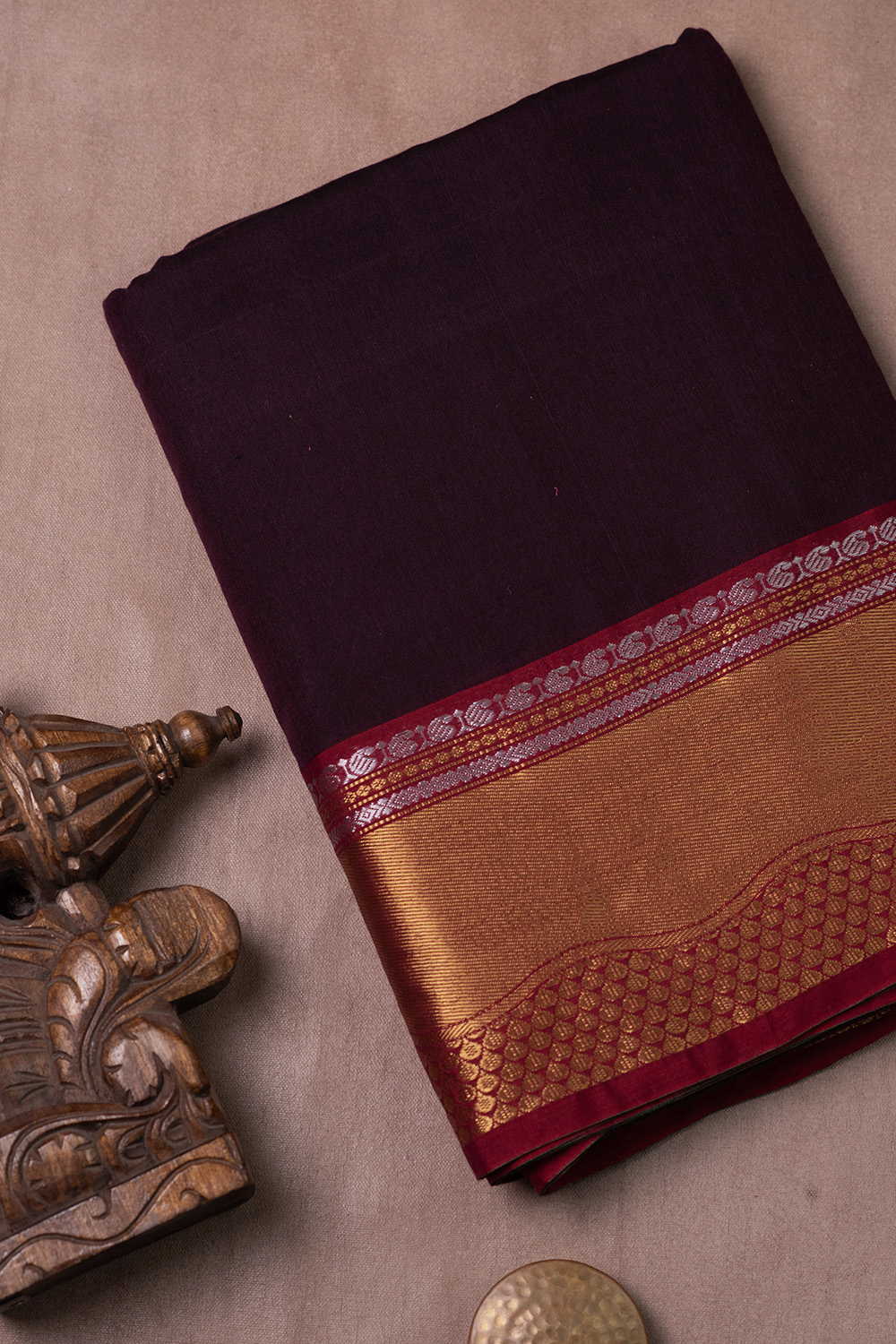 Gold Zari - Deep Brown Narayanpet Cotton Fabric - 0.5m