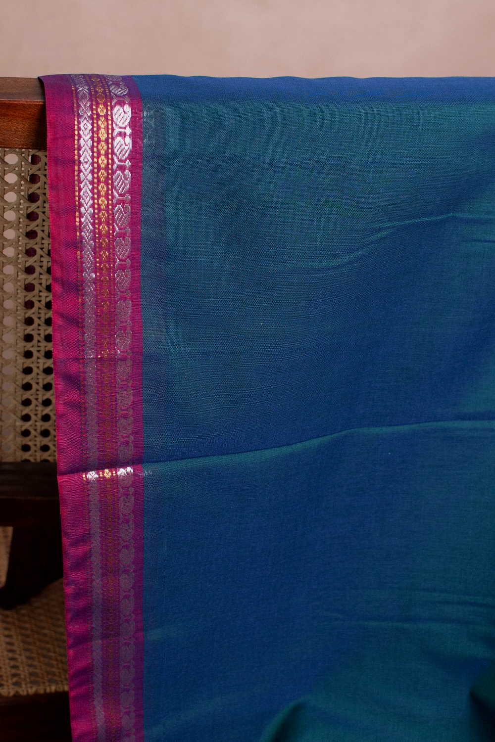 Peacock Blue with Zari Border Narayanpet Cotton Fabric - Image 2