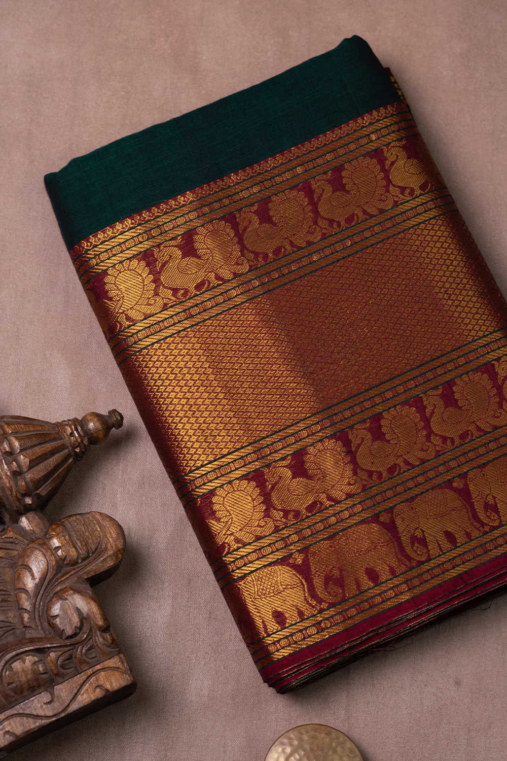 Bottle Green with Gold Zari Border Narayanpet Cotton Fabric