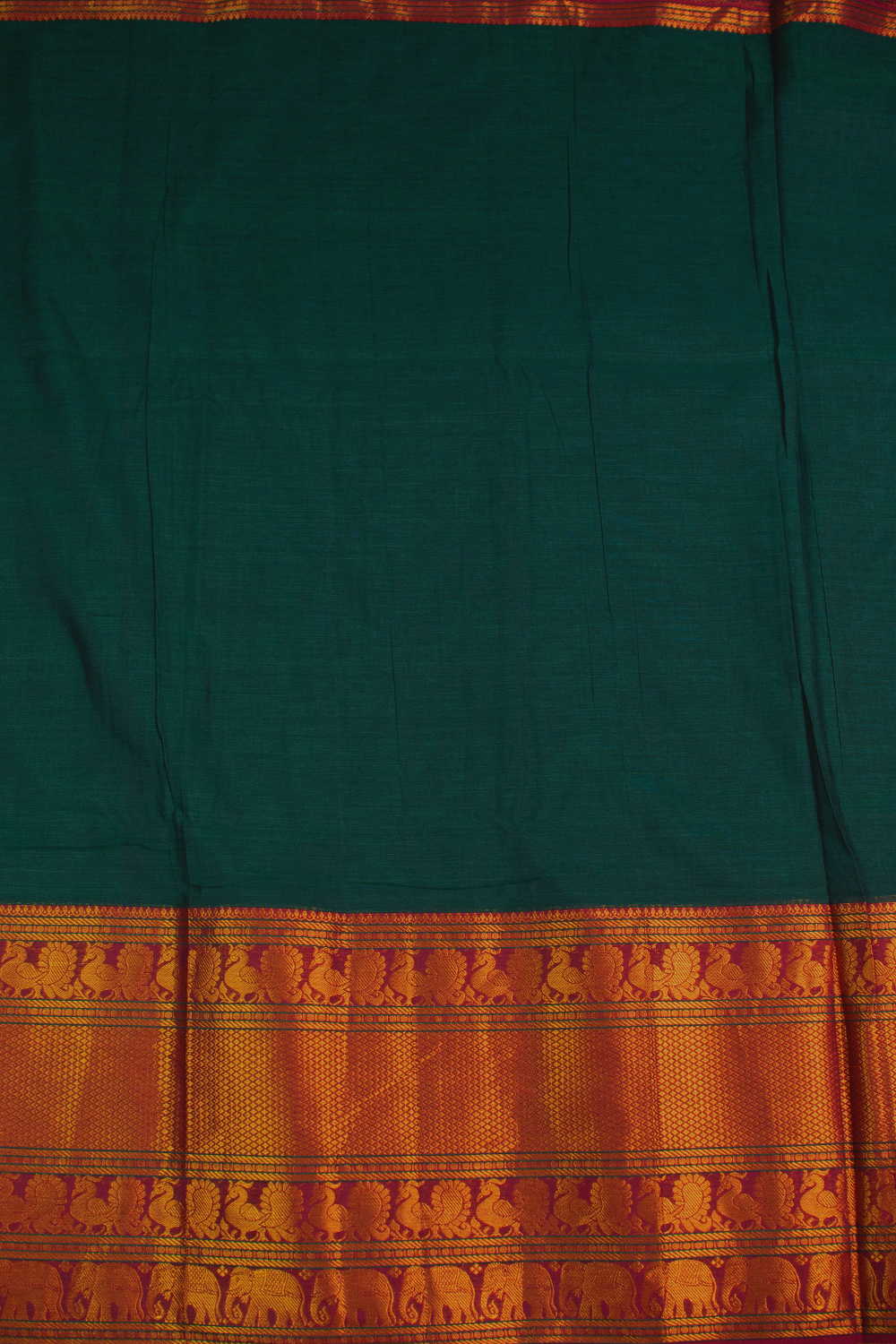 Bottle Green with Gold Zari Border Narayanpet Cotton Fabric - Image 4
