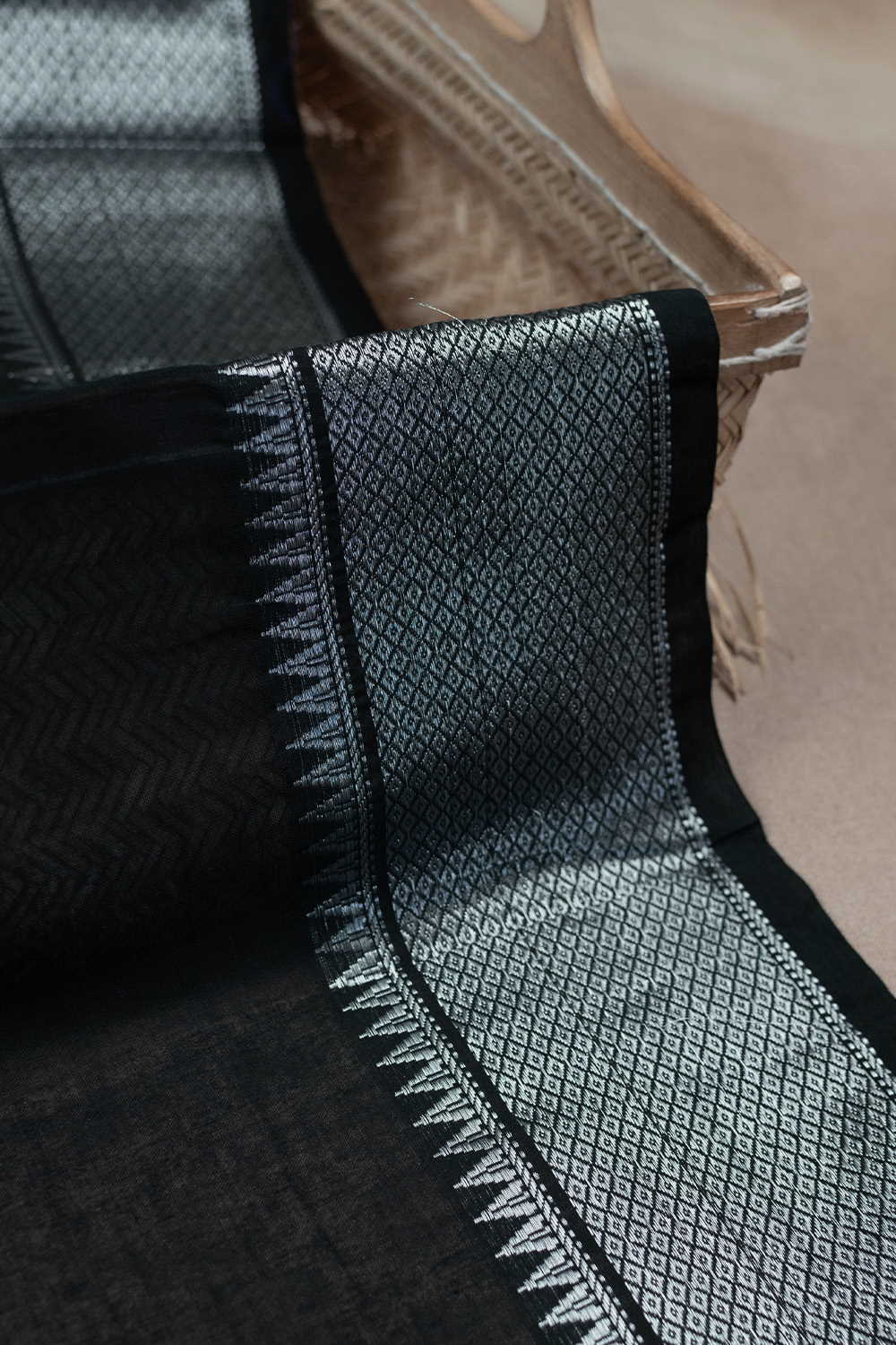 Pitch Black with Silver Zari Border Narayanpet Fabric - Image 2