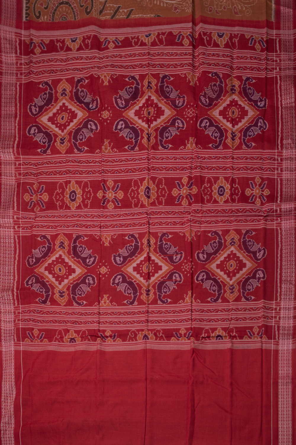 Dark Beige with Maroon Border Orissa Ikat Cotton saree - Image 2