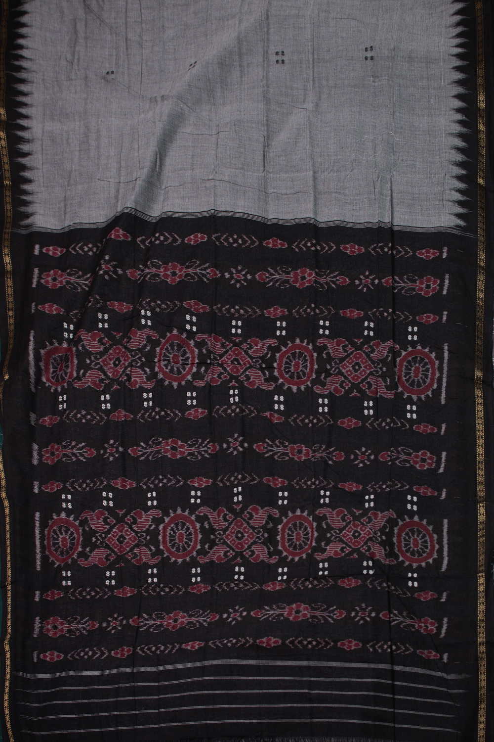 Black Motifs on Grey Orissa Ikat Cotton saree - Image 2