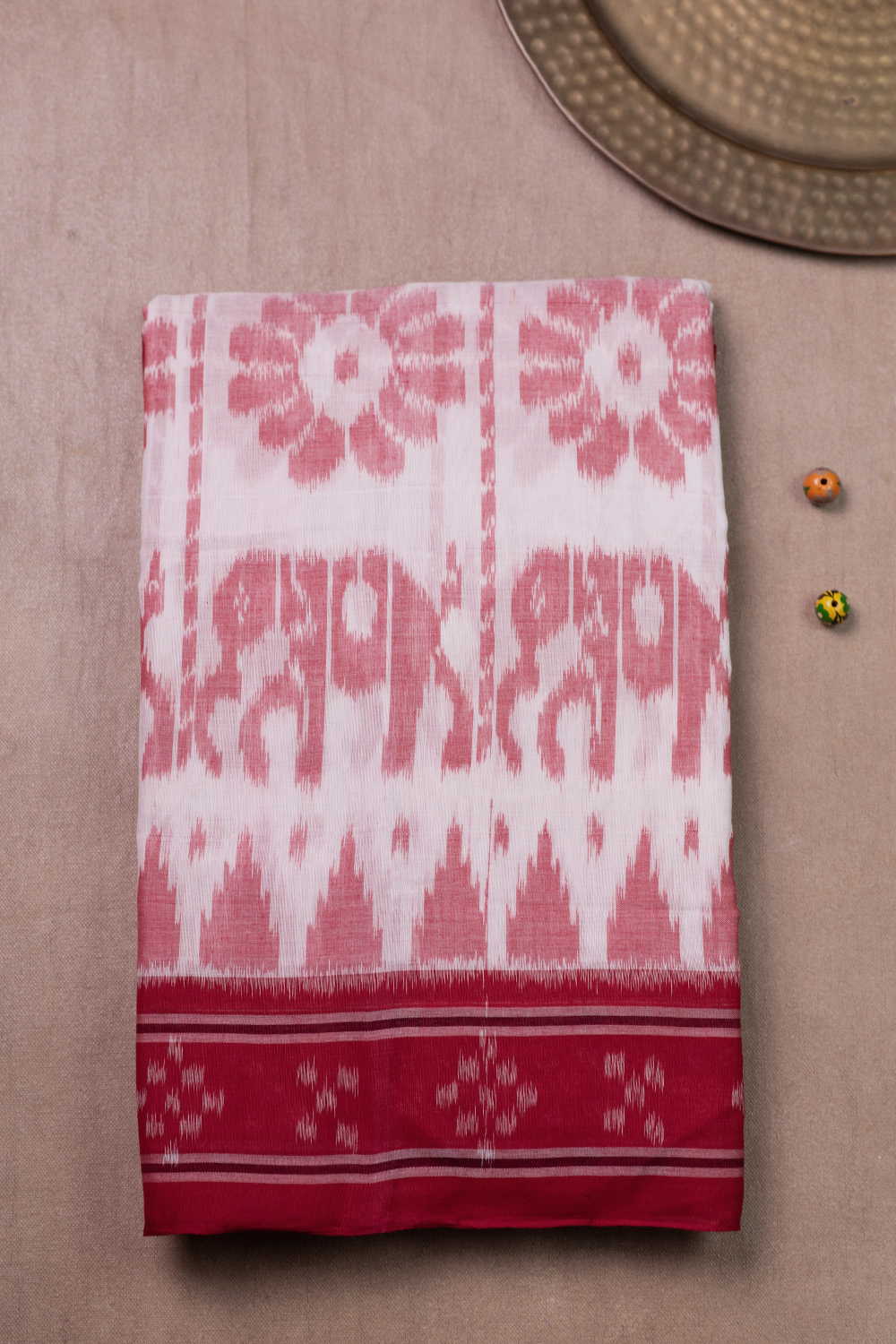 Red Motifs on Cream Orissa Ikat Cotton saree