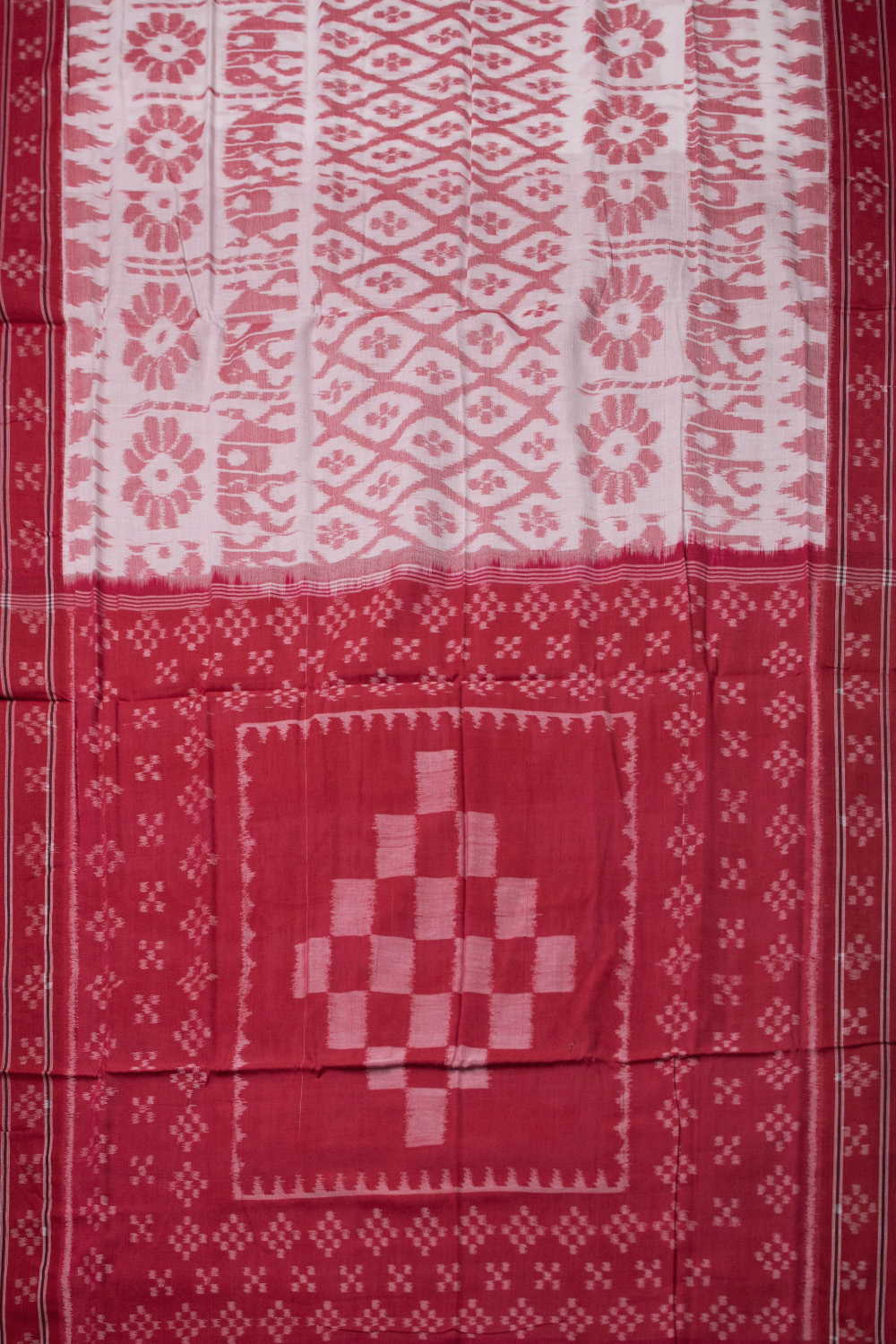 Red Motifs on Cream Orissa Ikat Cotton saree - Image 2