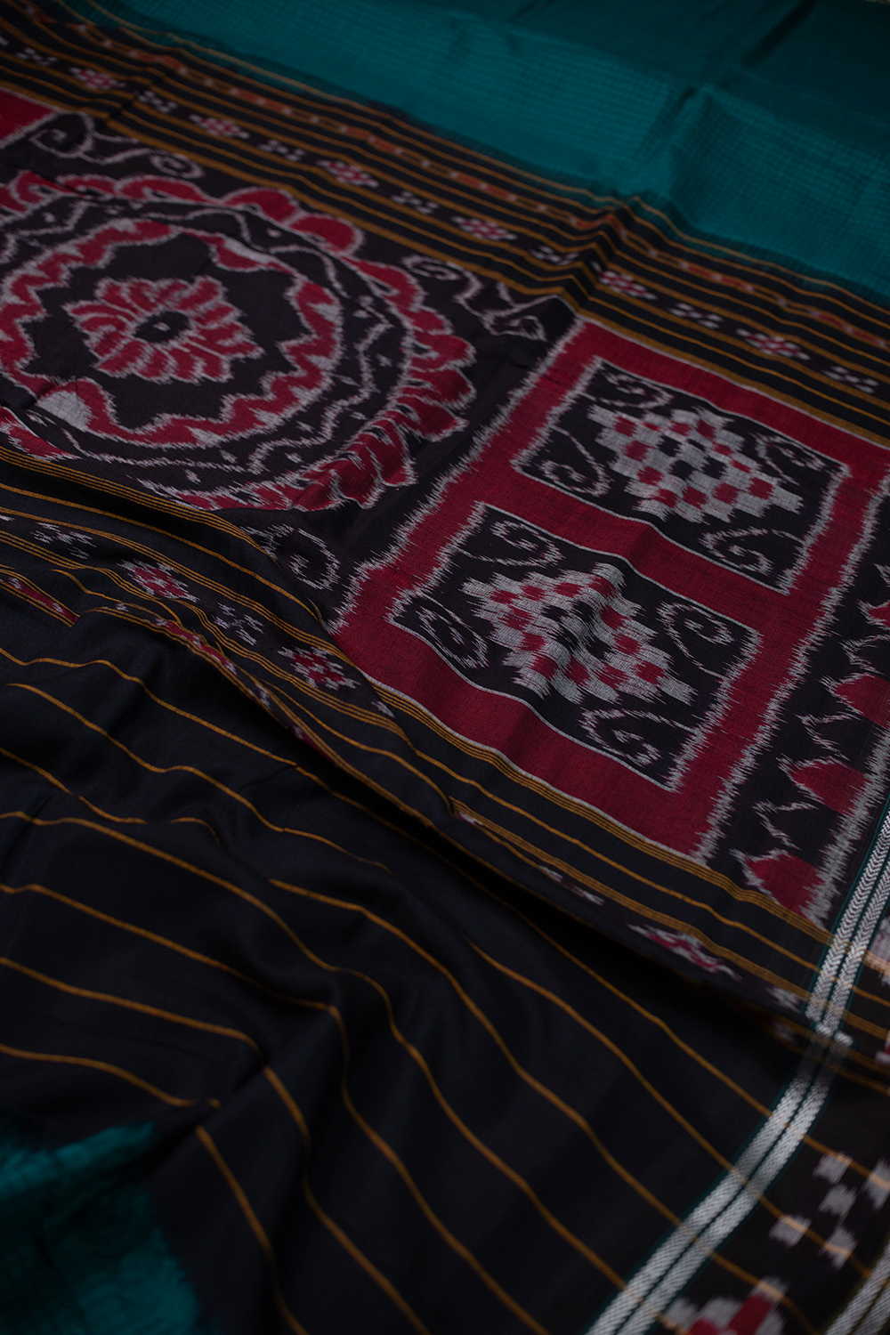 Checks on Green Orissa Ikat Cotton saree - Image 3