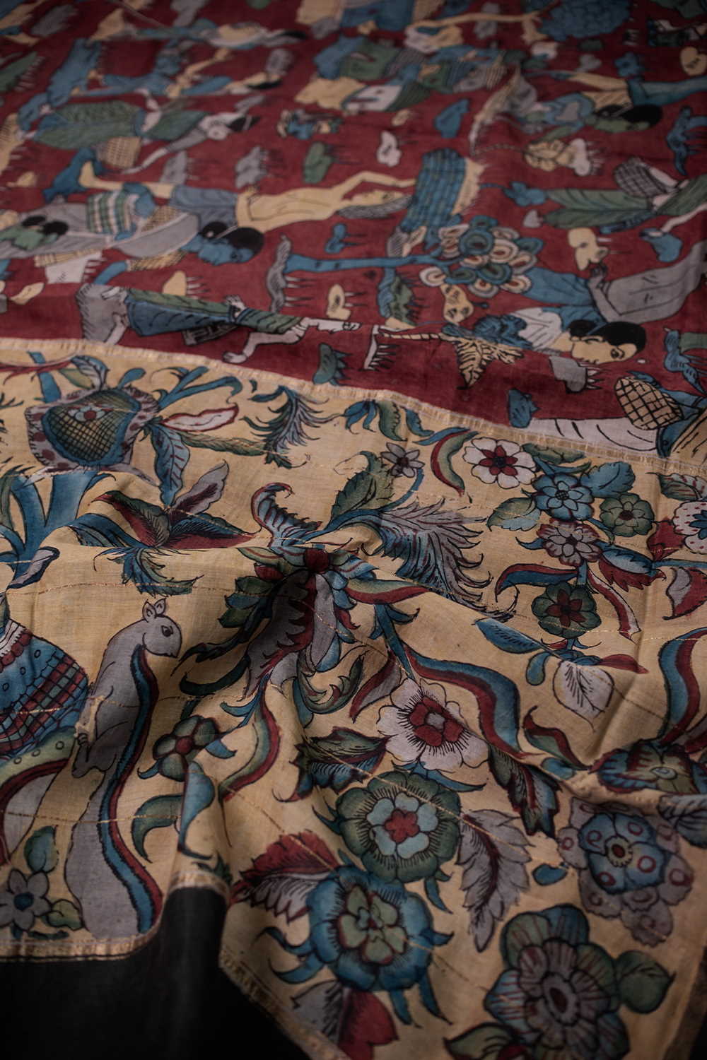 Everyday in the Village Painted kalamkari saree - Image 3