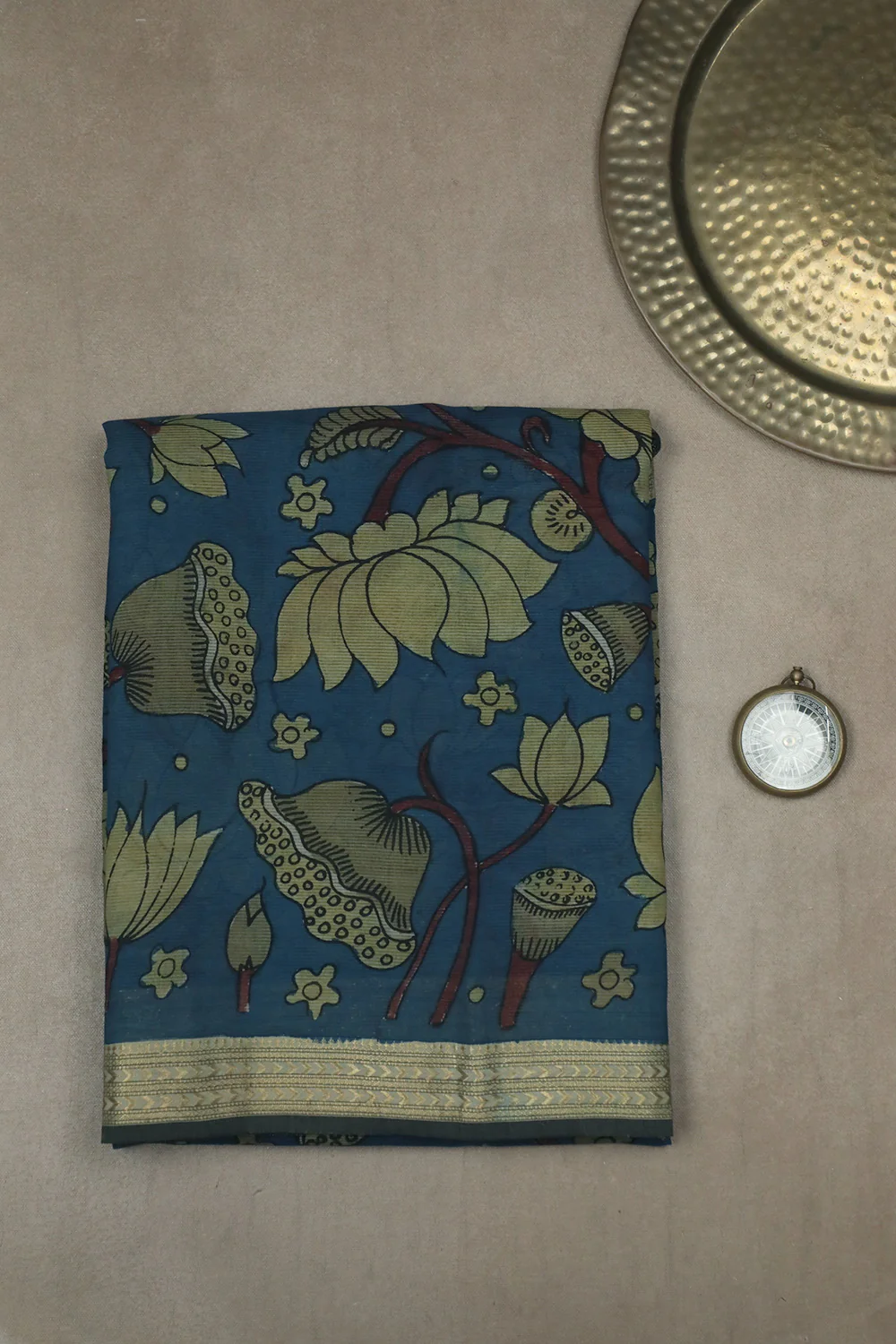 Yellow Lotus on Blue Painted kalamkari Maheshwari saree