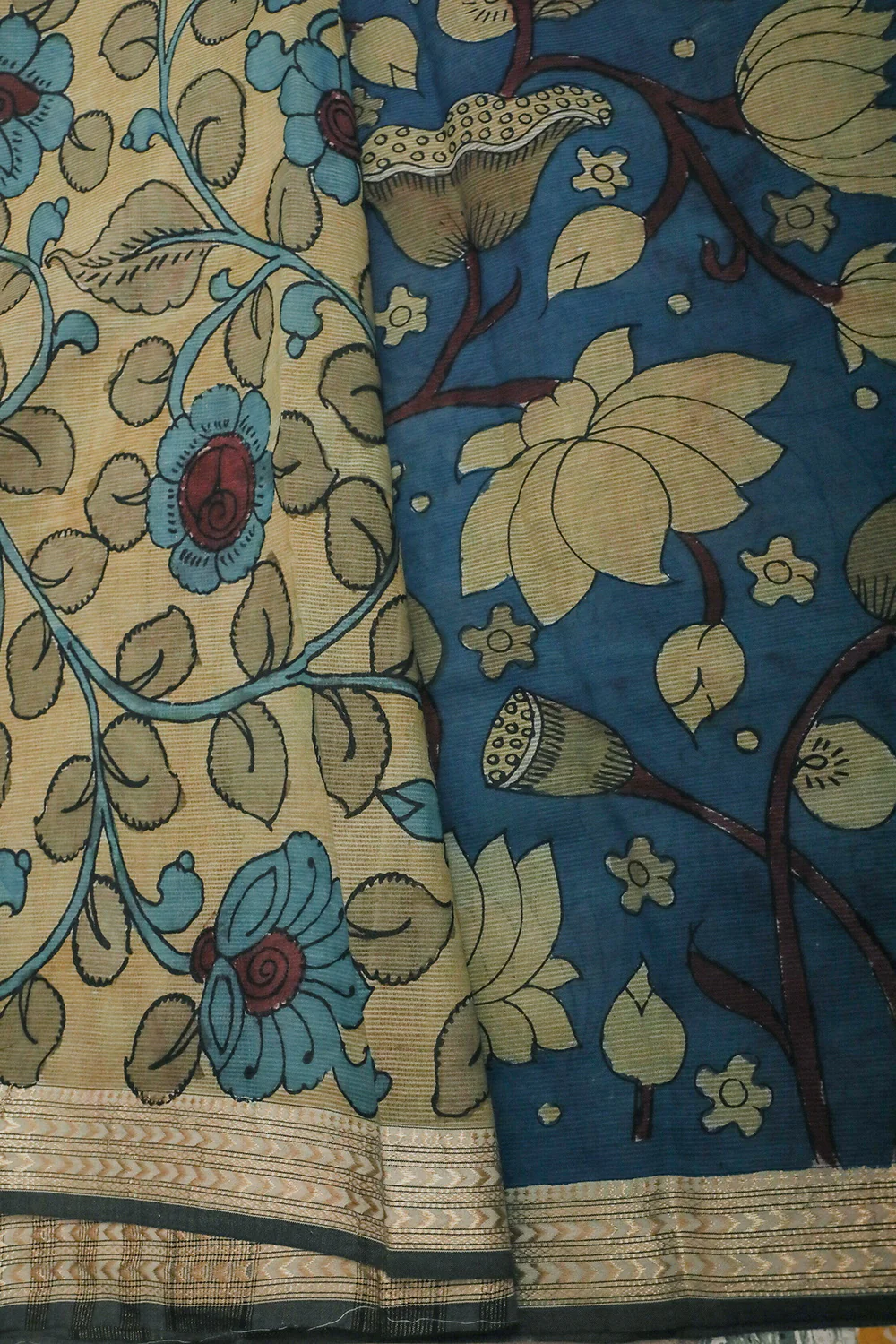Yellow Lotus on Blue Painted kalamkari Maheshwari saree - Image 4