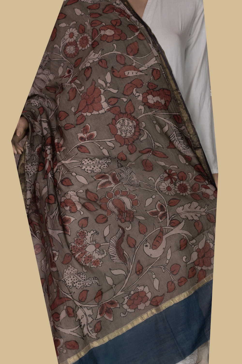 Olive Green Painted kalamkari Chanderi Silk Cotton Dupatta