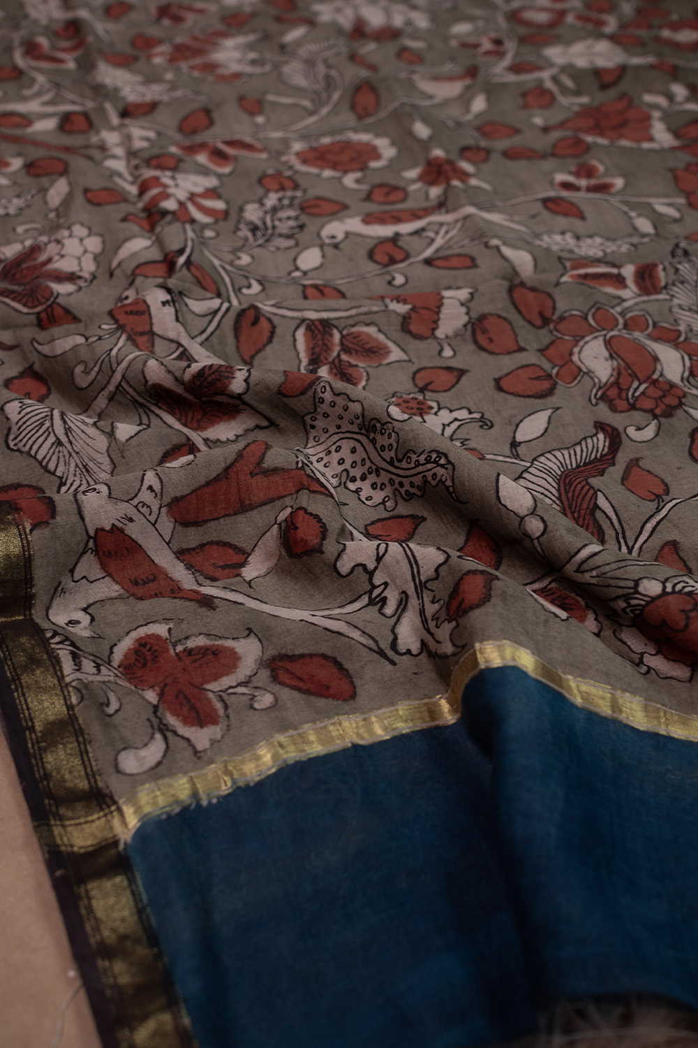 Olive Green Painted kalamkari Chanderi Silk Cotton Dupatta - Image 3