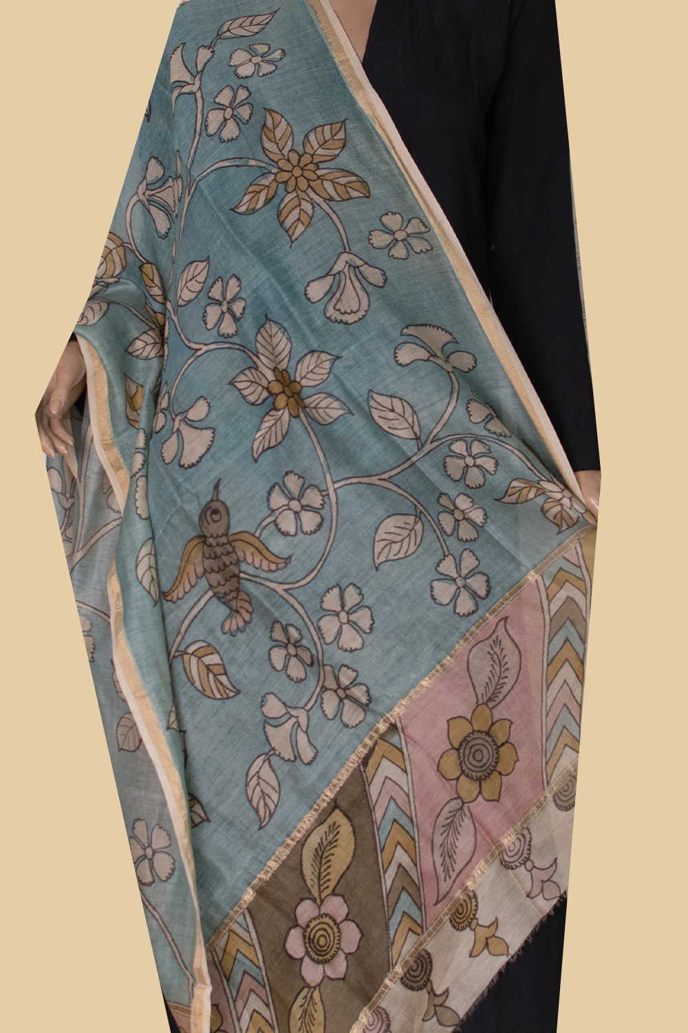 Blue Floral Painted kalamkari Silk Cotton Dupatta