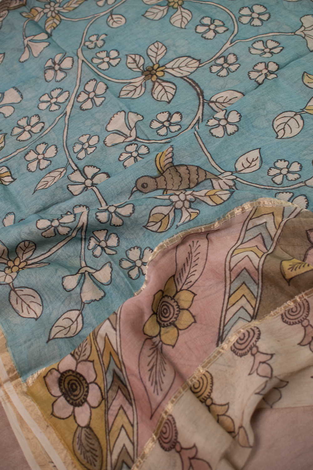Blue Floral Painted kalamkari Silk Cotton Dupatta - Image 2