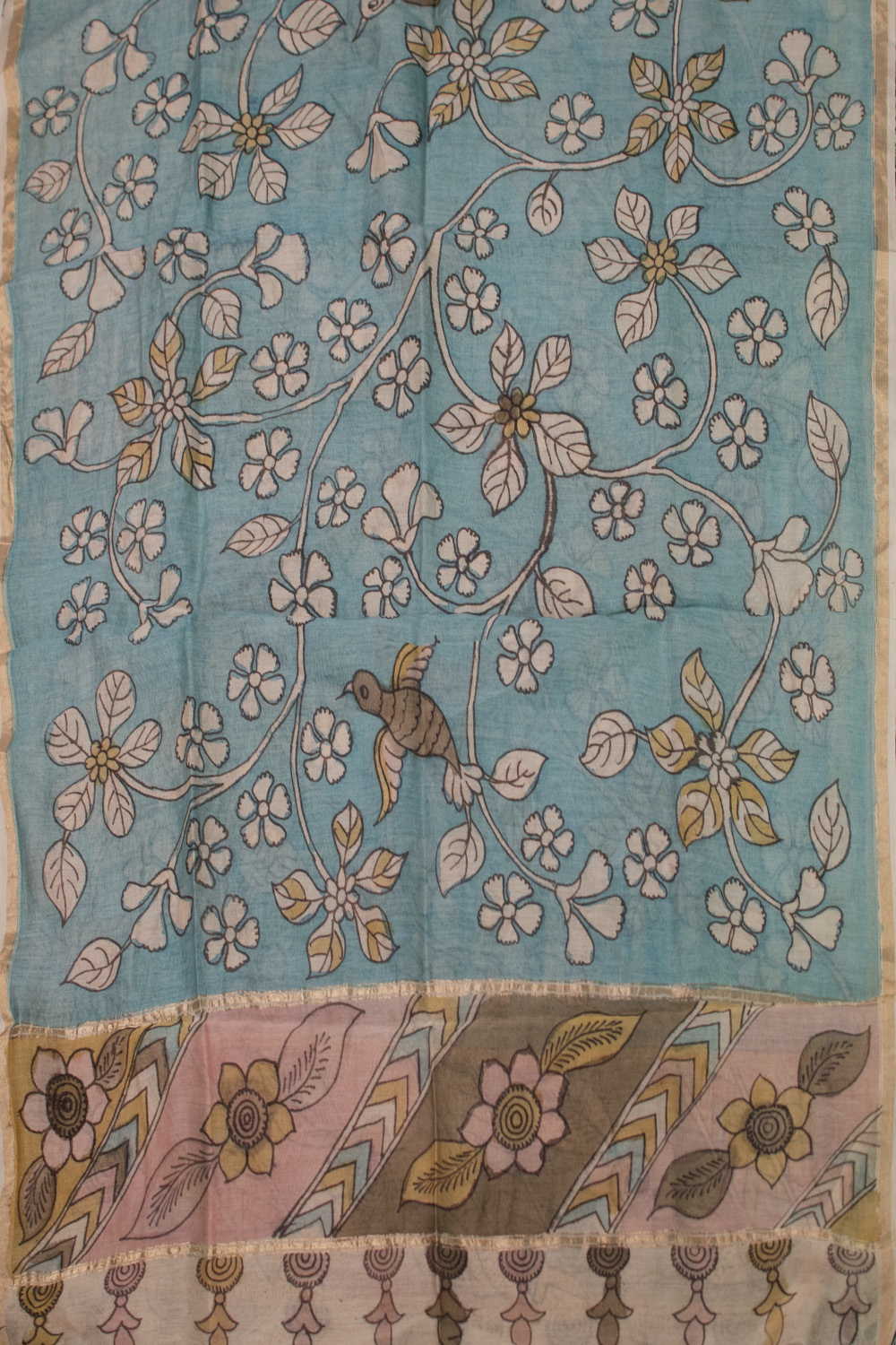 Blue Floral Painted kalamkari Silk Cotton Dupatta - Image 3
