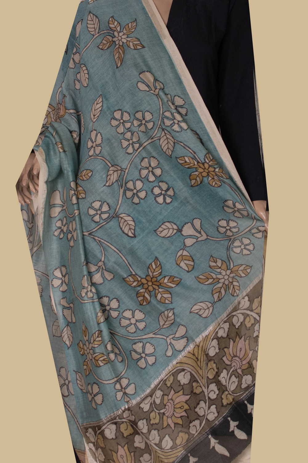 Floral Vein Painted kalamkari Silk Cotton Dupatta