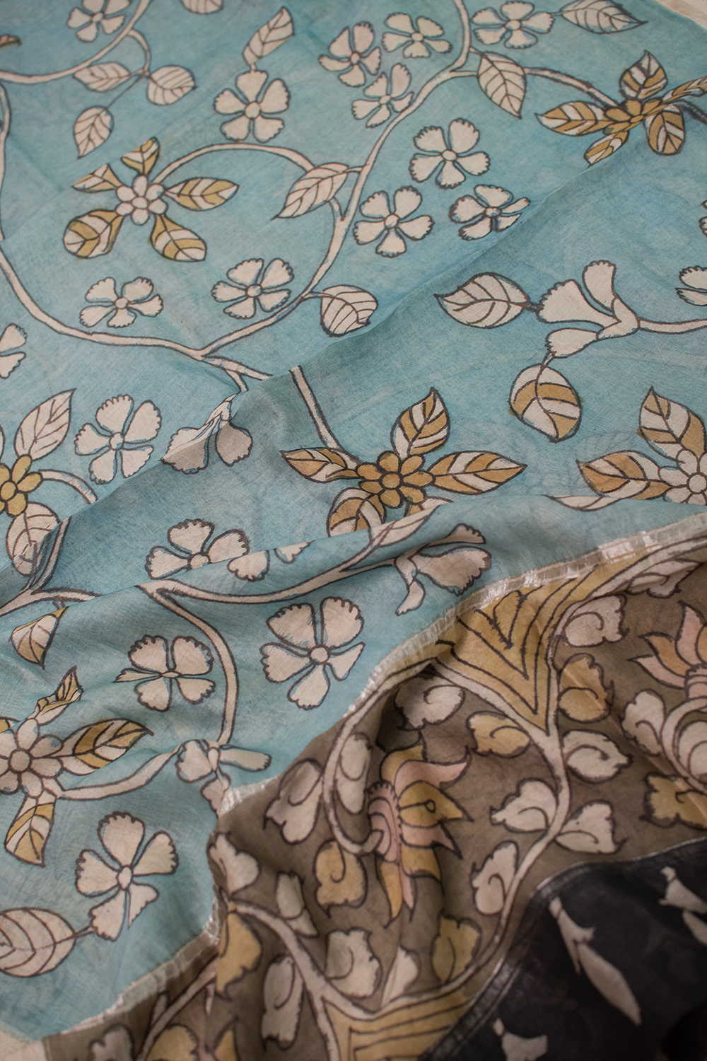 Floral Vein Painted kalamkari Silk Cotton Dupatta - Image 2