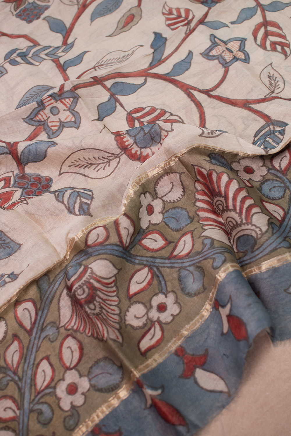 Wild Vine Painted kalamkari Silk Cotton Dupatta - Image 2
