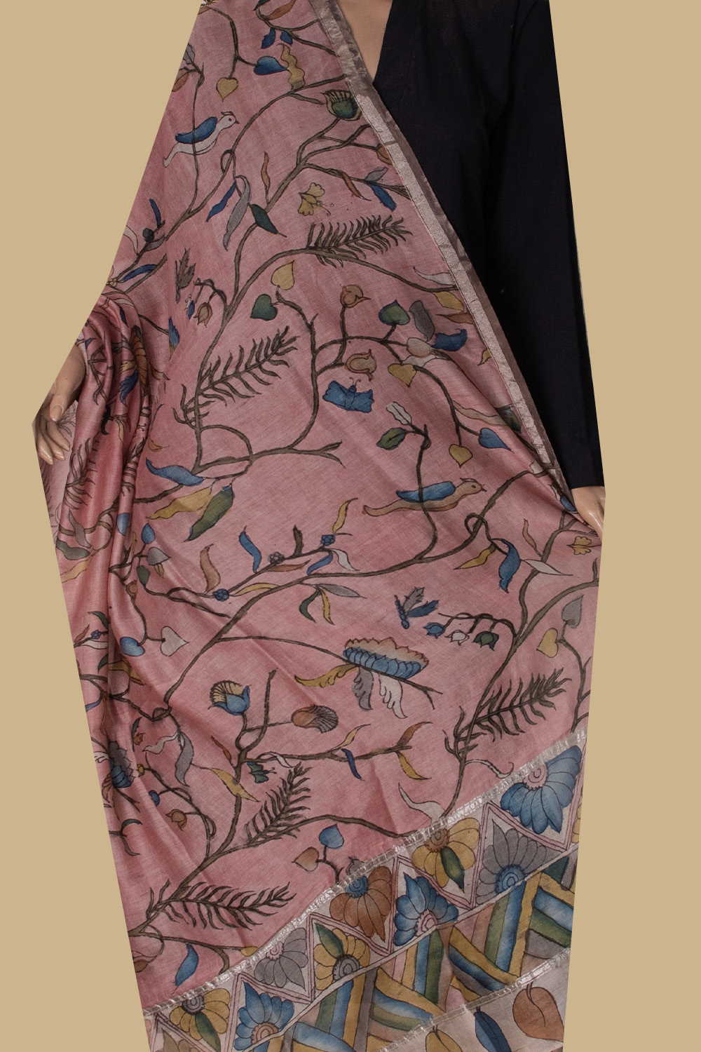 Pink Floral Path Painted kalamkari Silk Cotton Dupatta