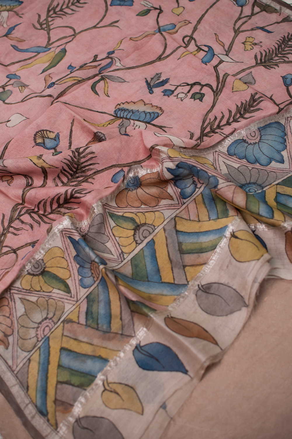 Pink Floral Path Painted kalamkari Silk Cotton Dupatta - Image 2