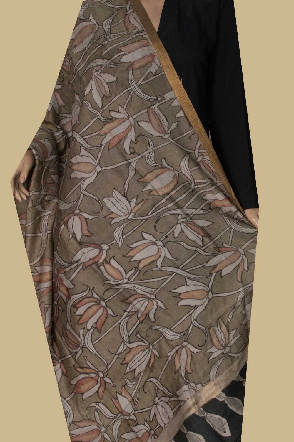 Lotus Vein - Painted kalamkari Silk Cotton Dupatta