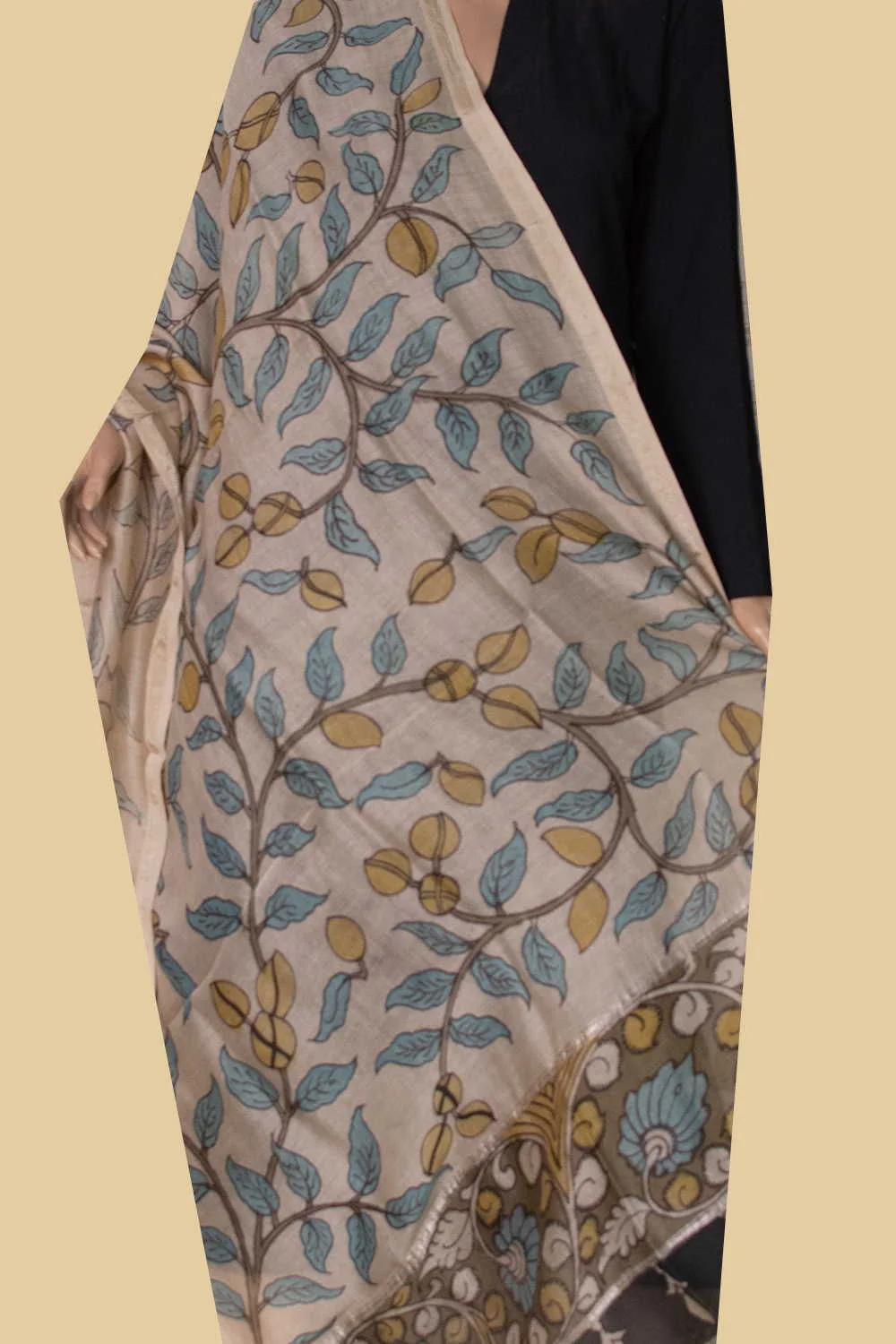 Leafy Veins - Painted kalamkari Silk Cotton Dupatta