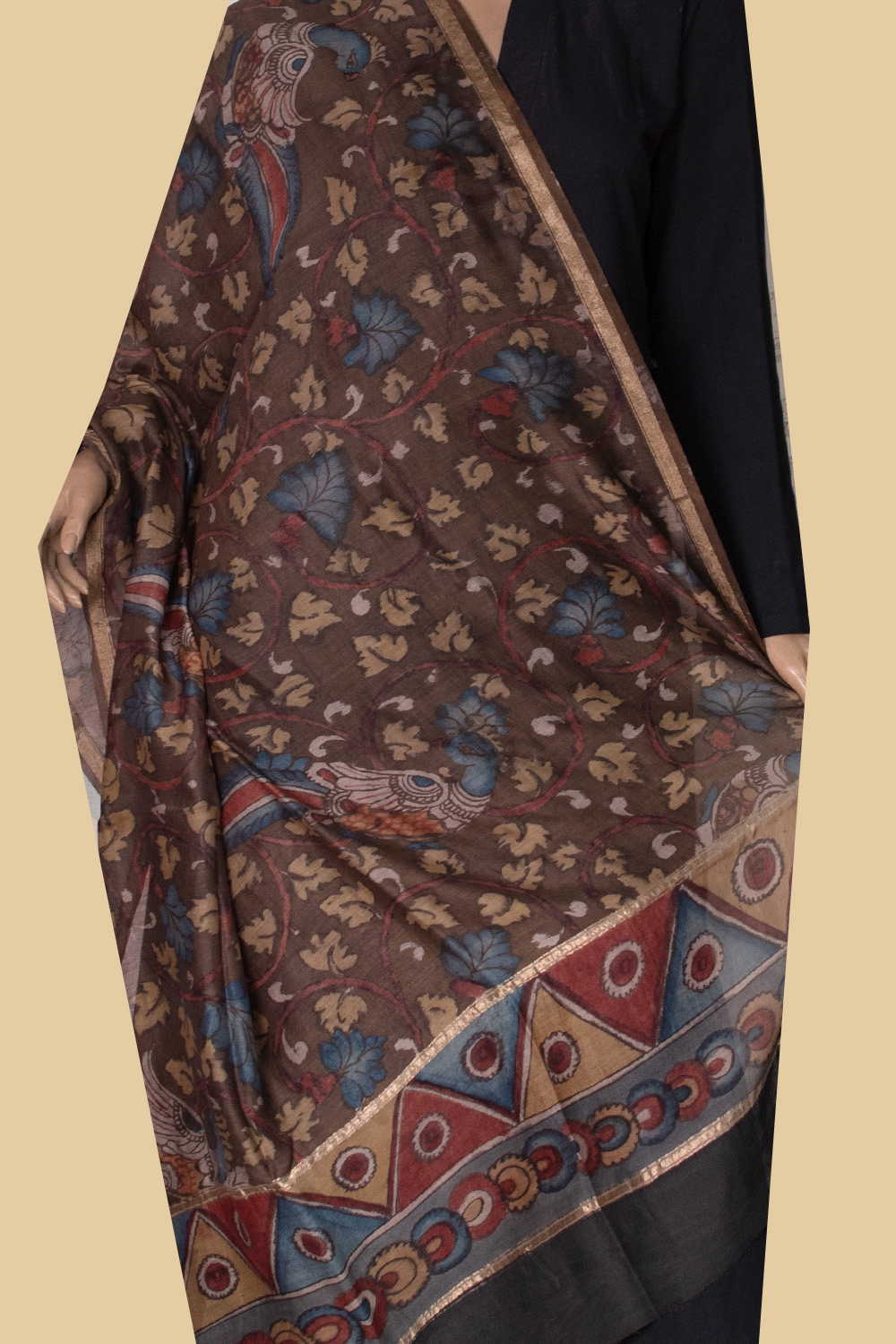 Peacock Pattern - Painted kalamkari Silk Cotton Dupatta