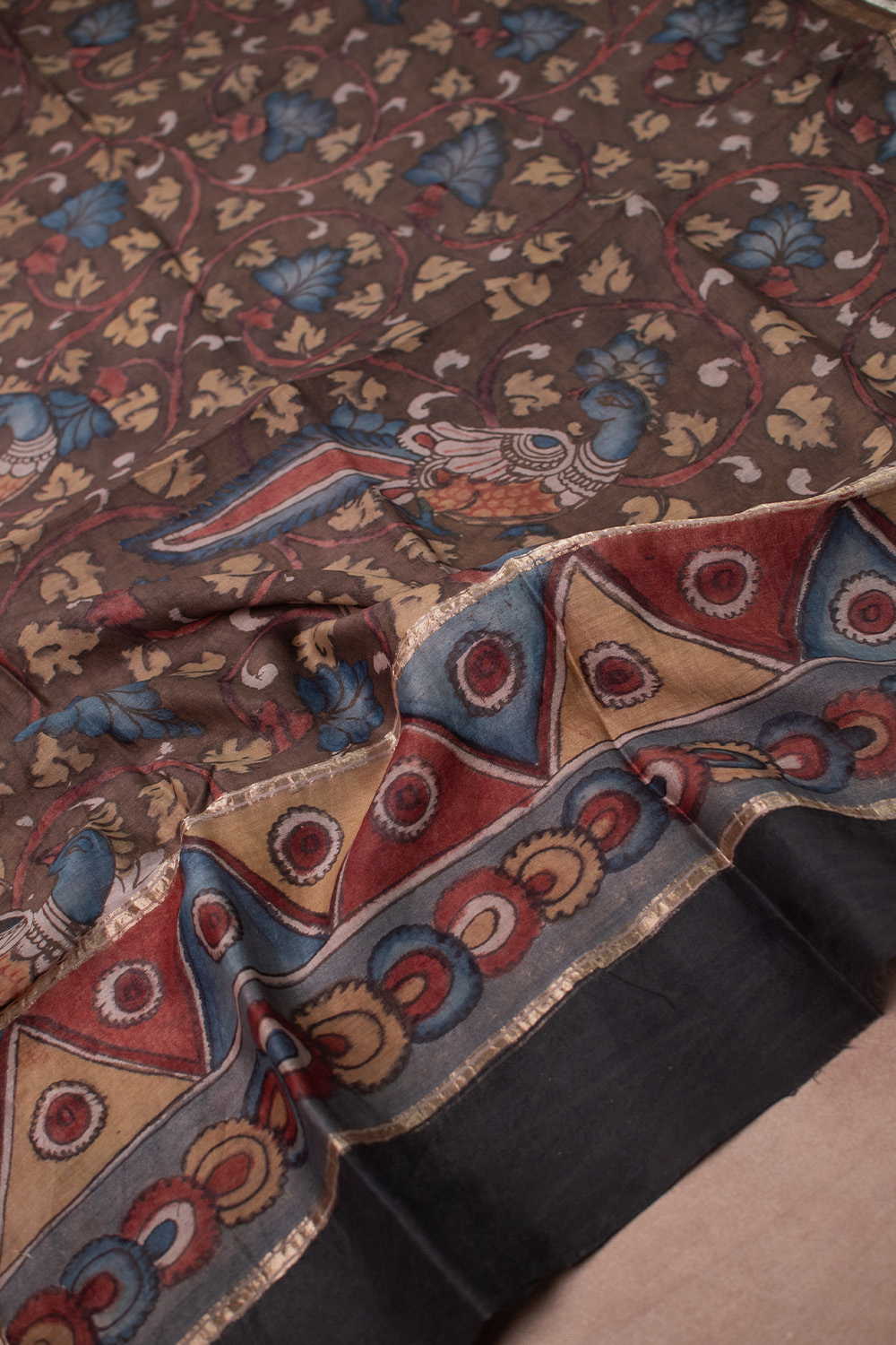 Peacock Pattern - Painted kalamkari Silk Cotton Dupatta - Image 2