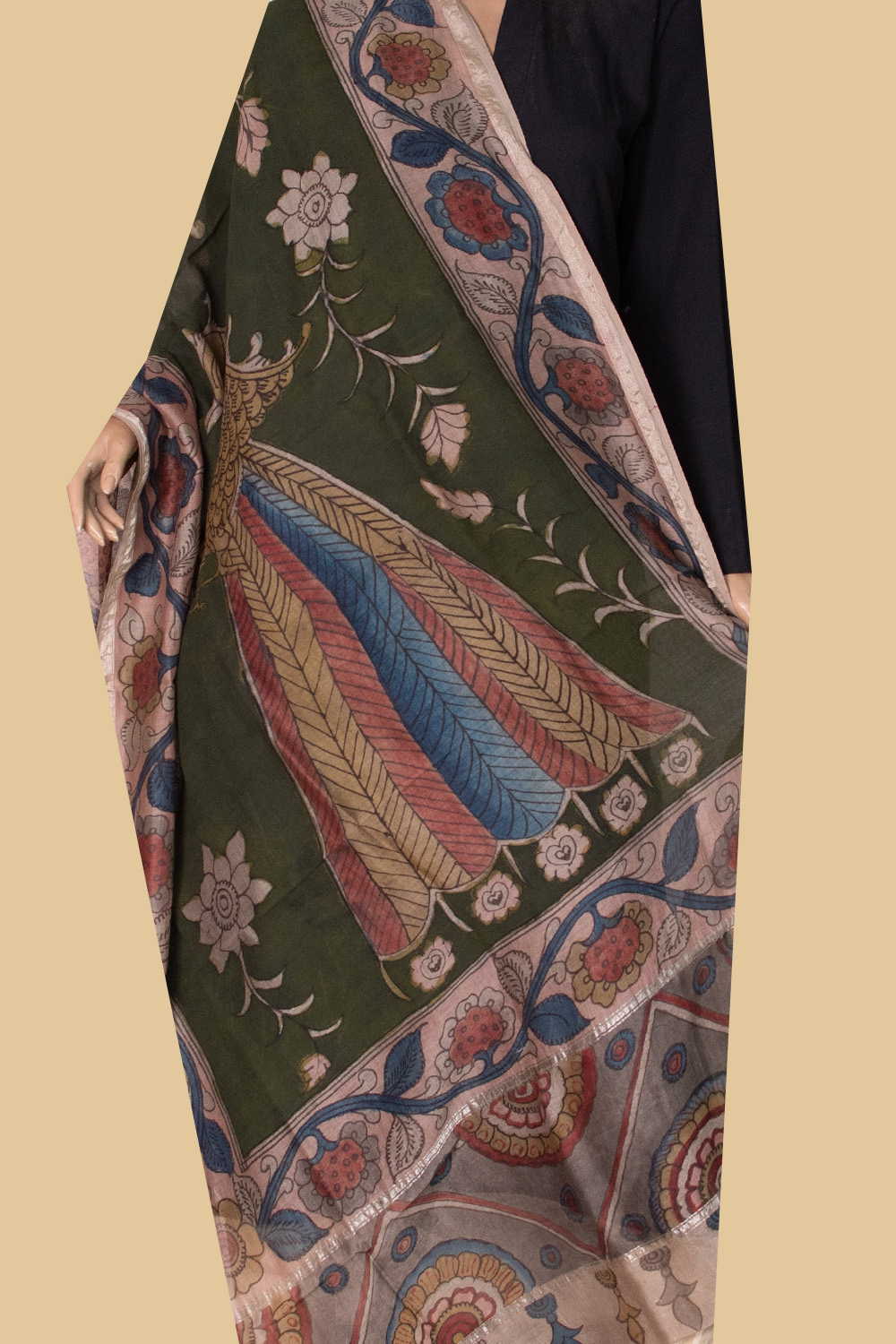 Peacock Butta - Painted kalamkari Silk Cotton Dupatta