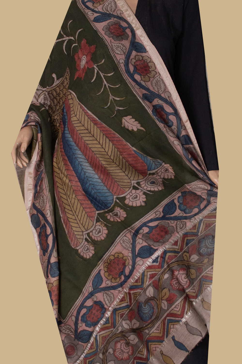 Sap Green Painted kalamkari Silk Cotton Dupatta