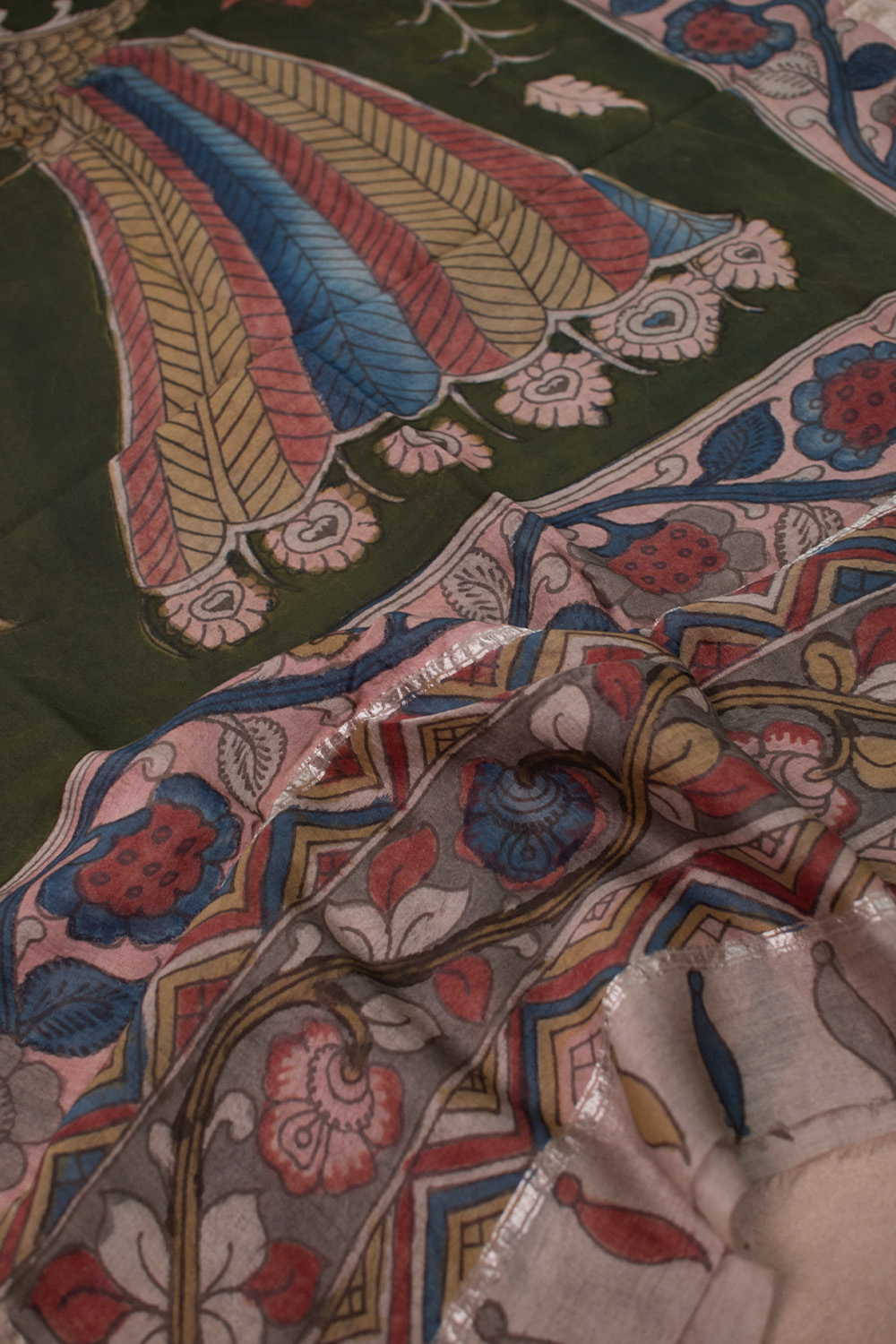 Sap Green Painted kalamkari Silk Cotton Dupatta - Image 2