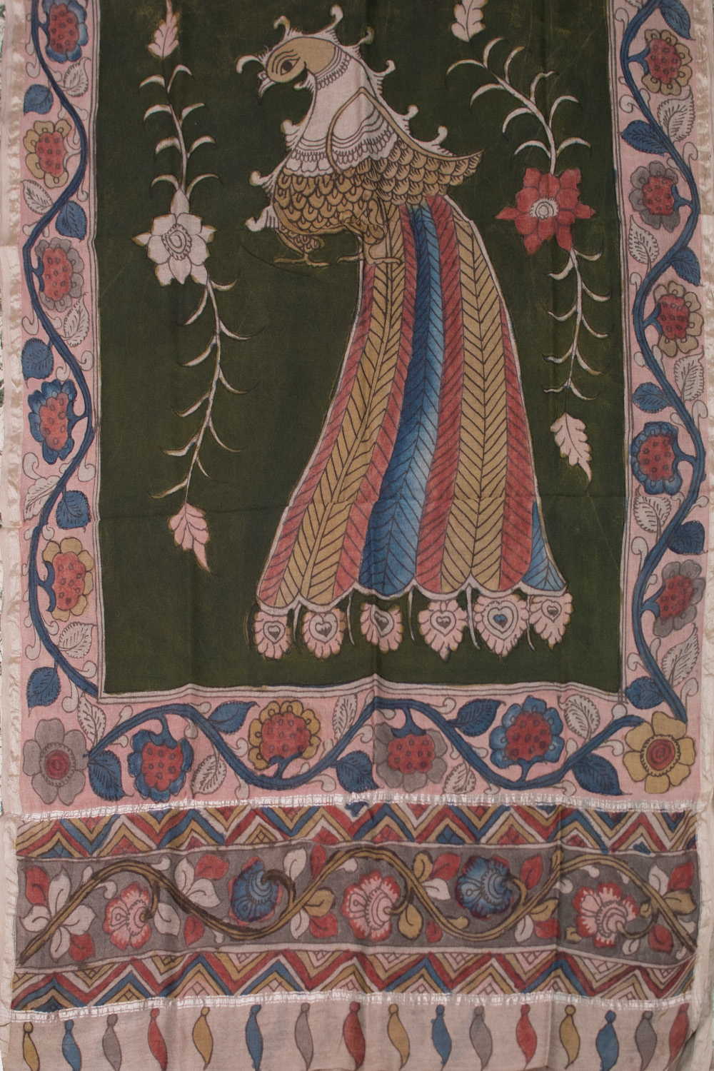 Sap Green Painted kalamkari Silk Cotton Dupatta - Image 3