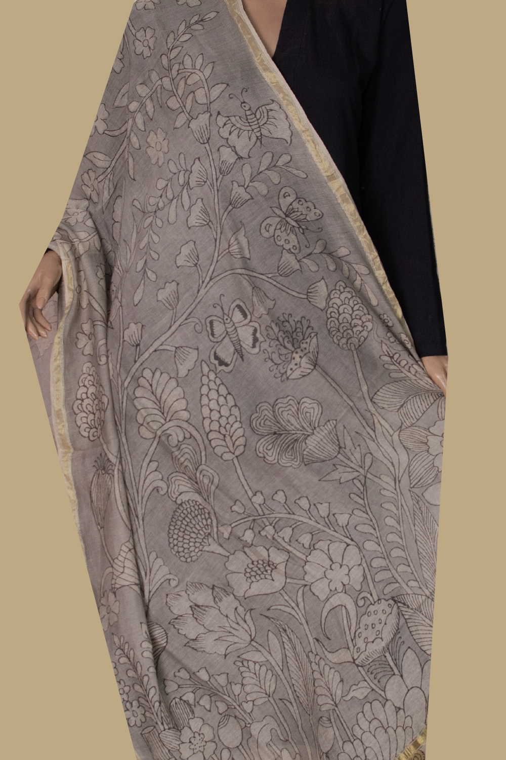 Bloom Cascade Painted kalamkari Silk Cotton Dupatta