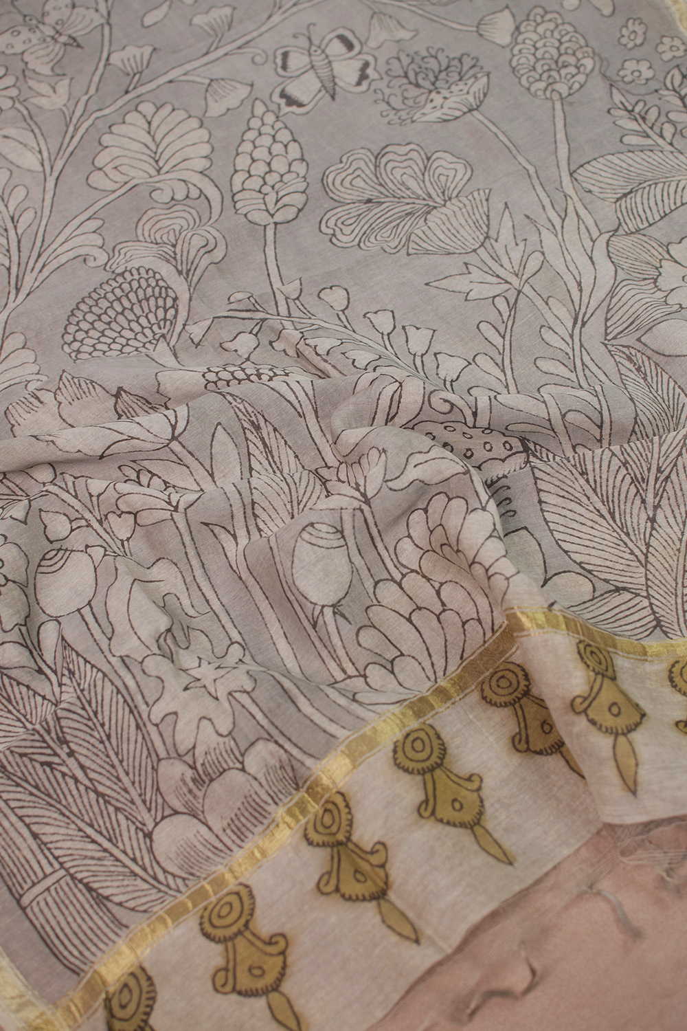Bloom Cascade Painted kalamkari Silk Cotton Dupatta - Image 2