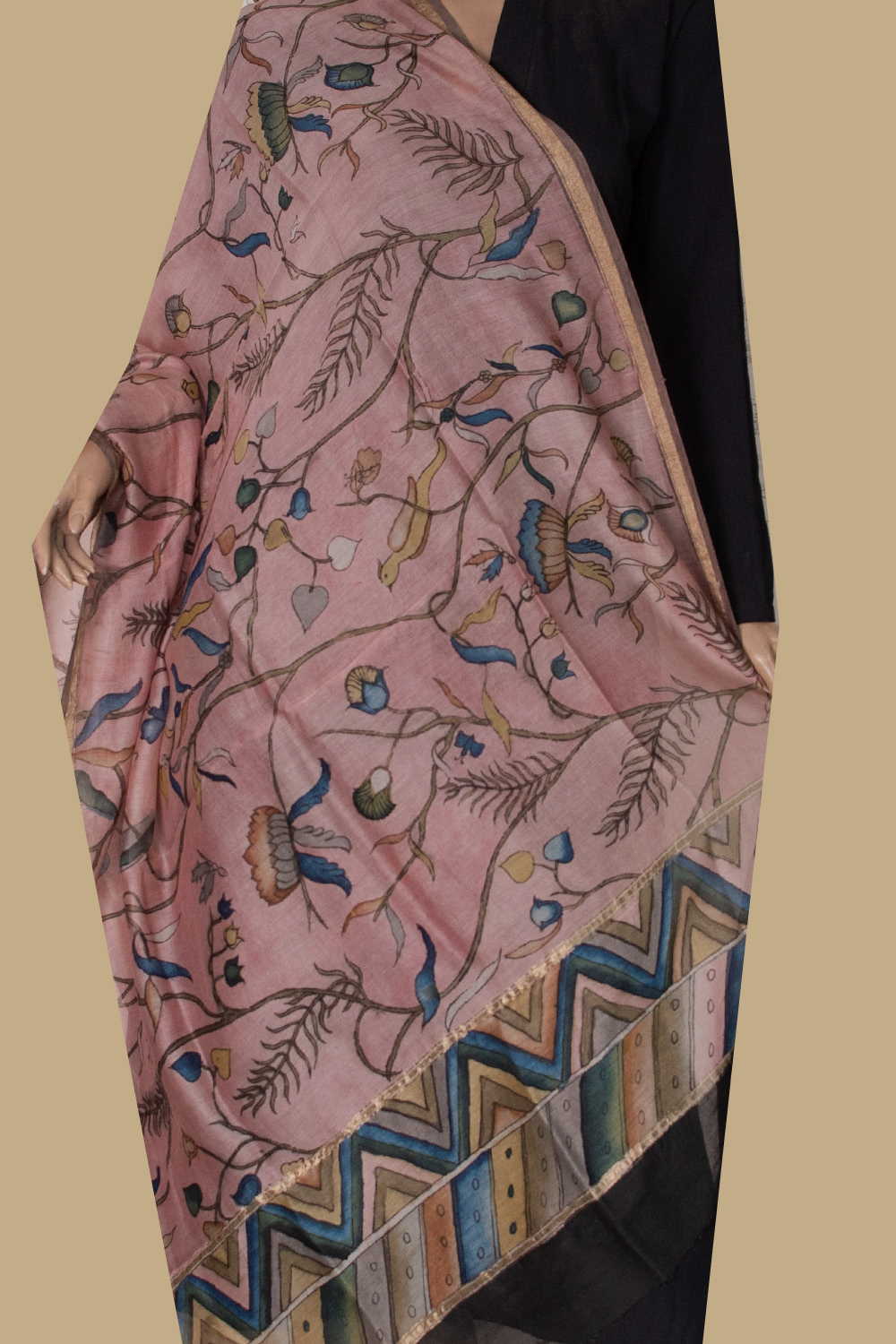 Peach Floral Painted kalamkari Silk Cotton Dupatta
