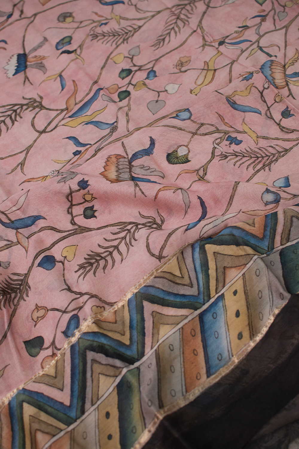 Peach Floral Painted kalamkari Silk Cotton Dupatta - Image 2