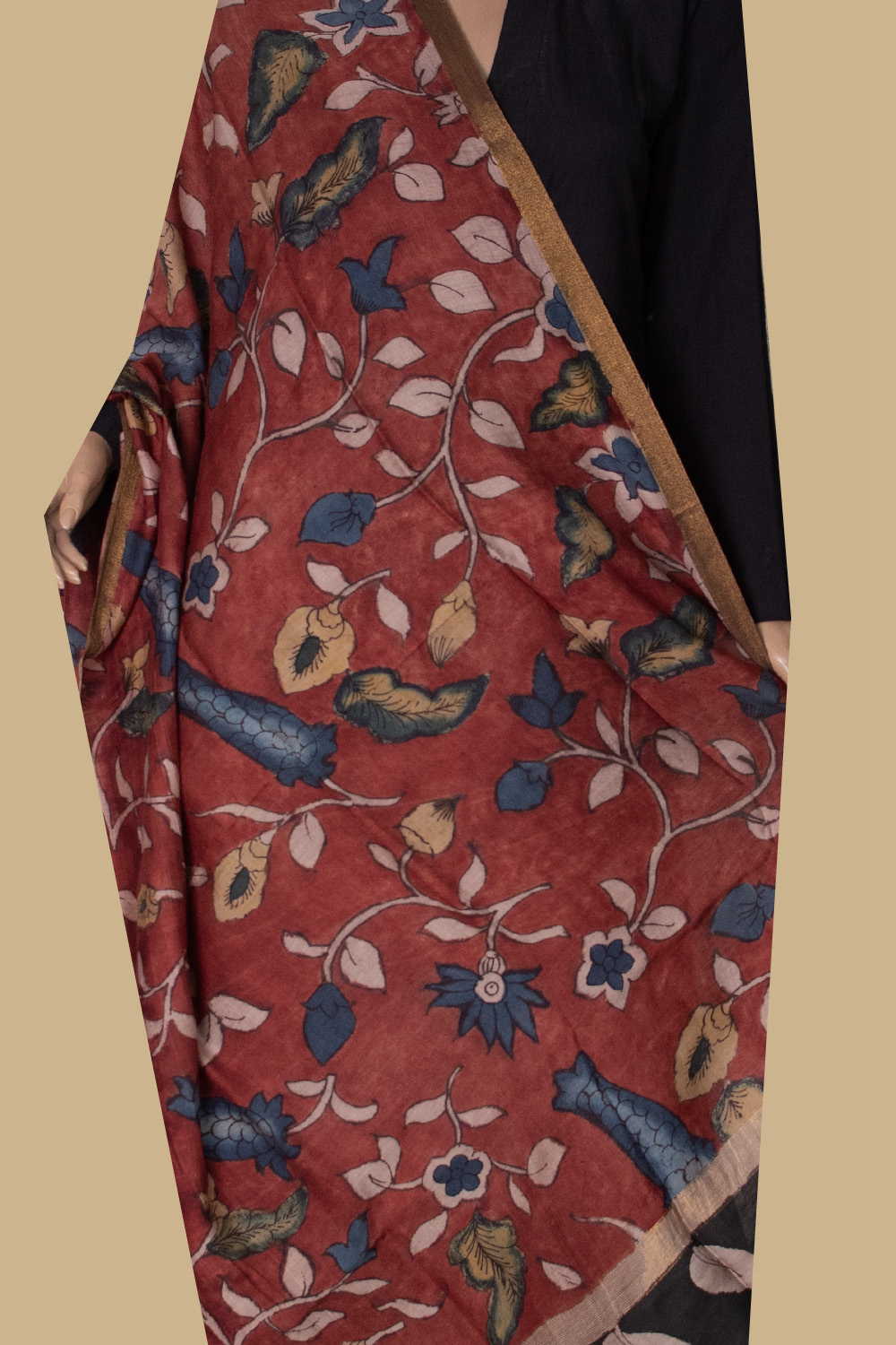 Maroon Floral Painted kalamkari Silk Cotton Dupatta