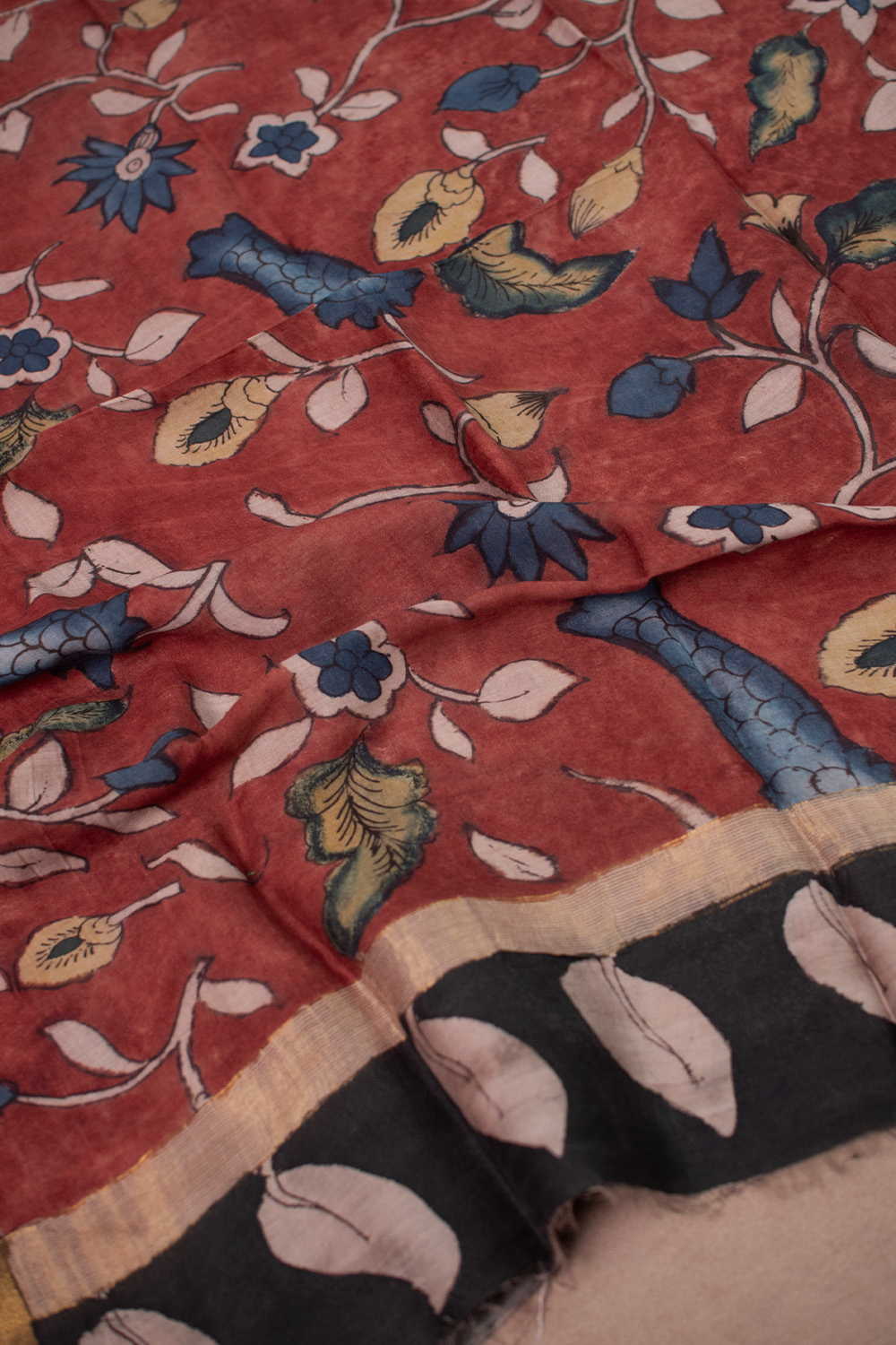 Maroon Floral Painted kalamkari Silk Cotton Dupatta - Image 2