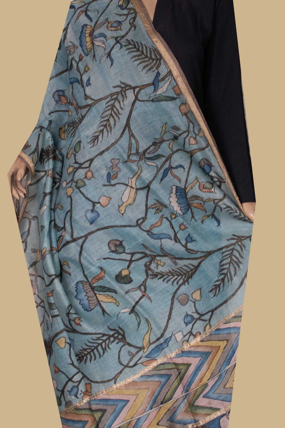 Floral Tapestry Painted kalamkari Silk Cotton Dupatta
