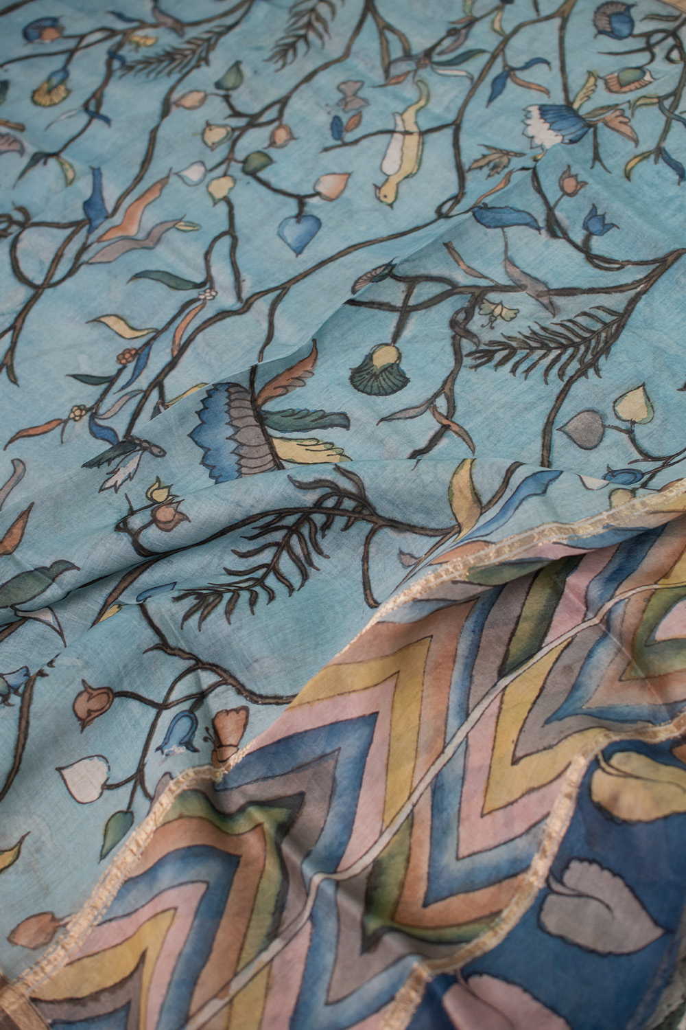 Floral Tapestry Painted kalamkari Silk Cotton Dupatta - Image 2