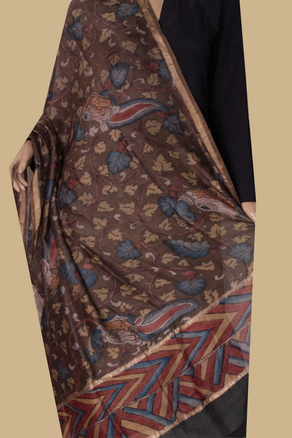 Brown Shaded Painted kalamkari Silk Cotton Dupatta