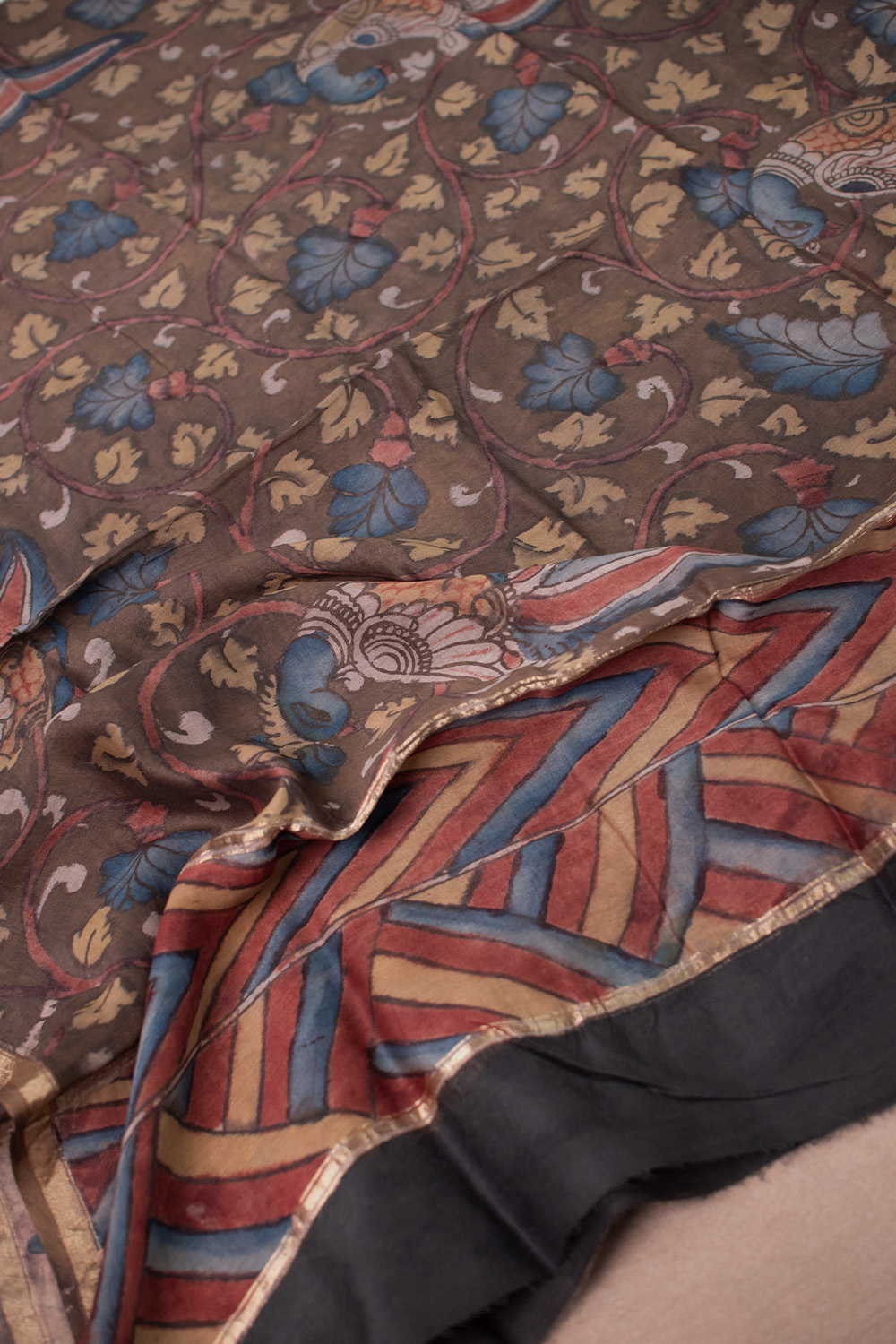 Brown Shaded Painted kalamkari Silk Cotton Dupatta - Image 2